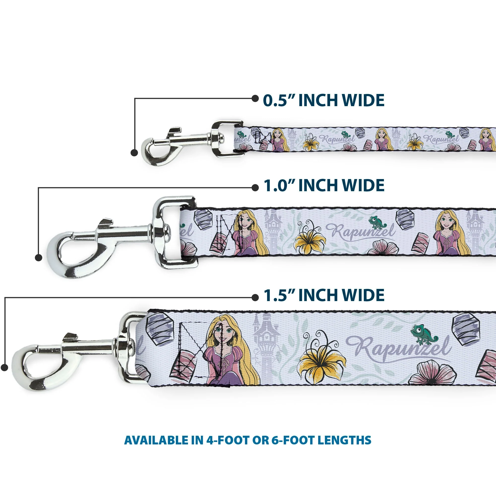 Dog Leash - Rapunzel Castle and Pascual Pose with Script and Flowers White/Purples - Image 3