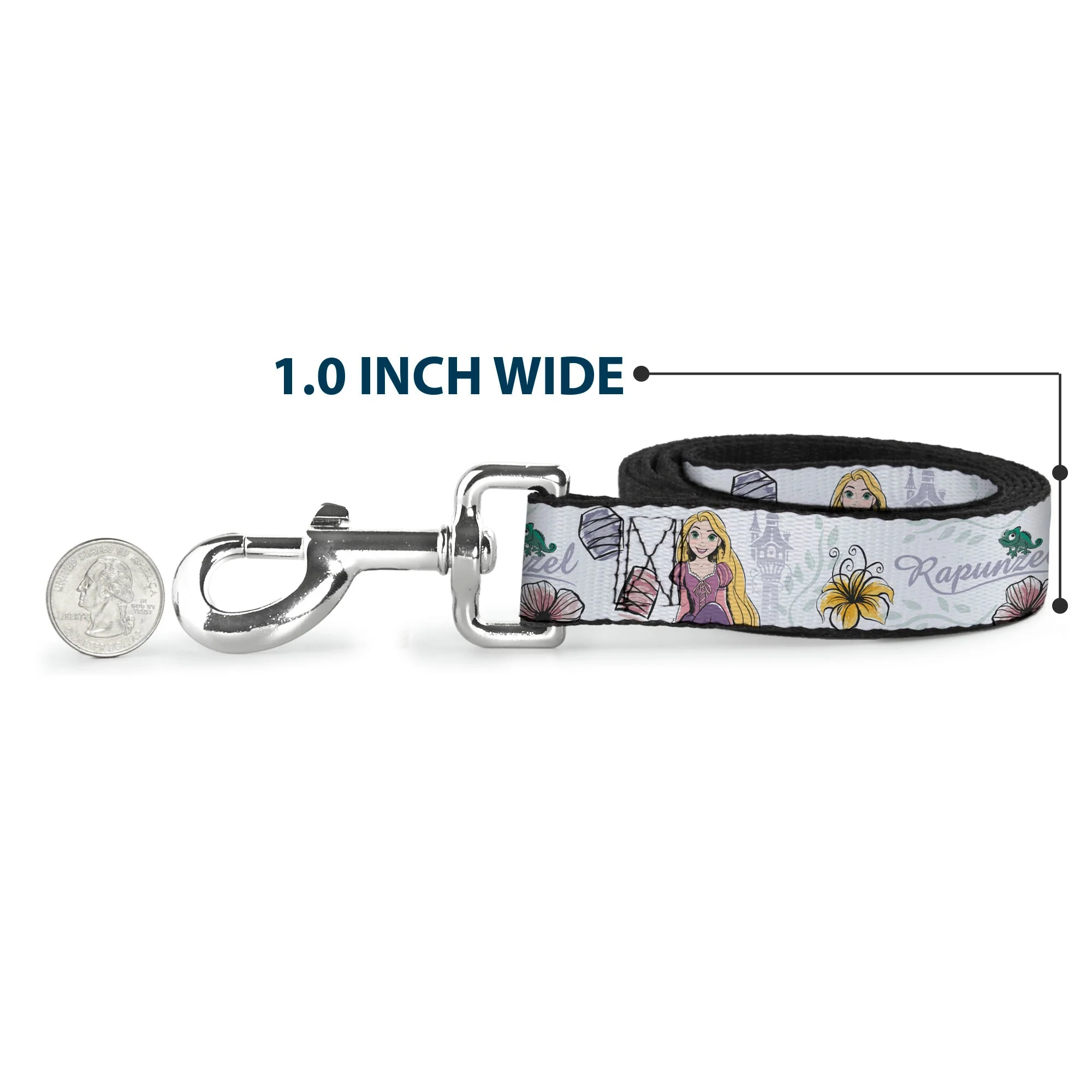 Dog Leash - Rapunzel Castle and Pascual Pose with Script and Flowers White/Purples - Image 5