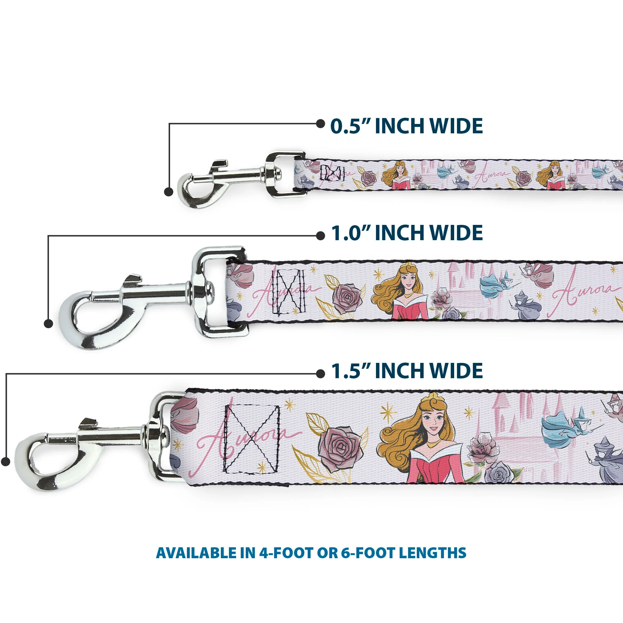 Dog Leash - Sleeping Beauty Aurora Castle and Fairy Godmothers Pose with Script and Flowers White/Pinks - Image 3