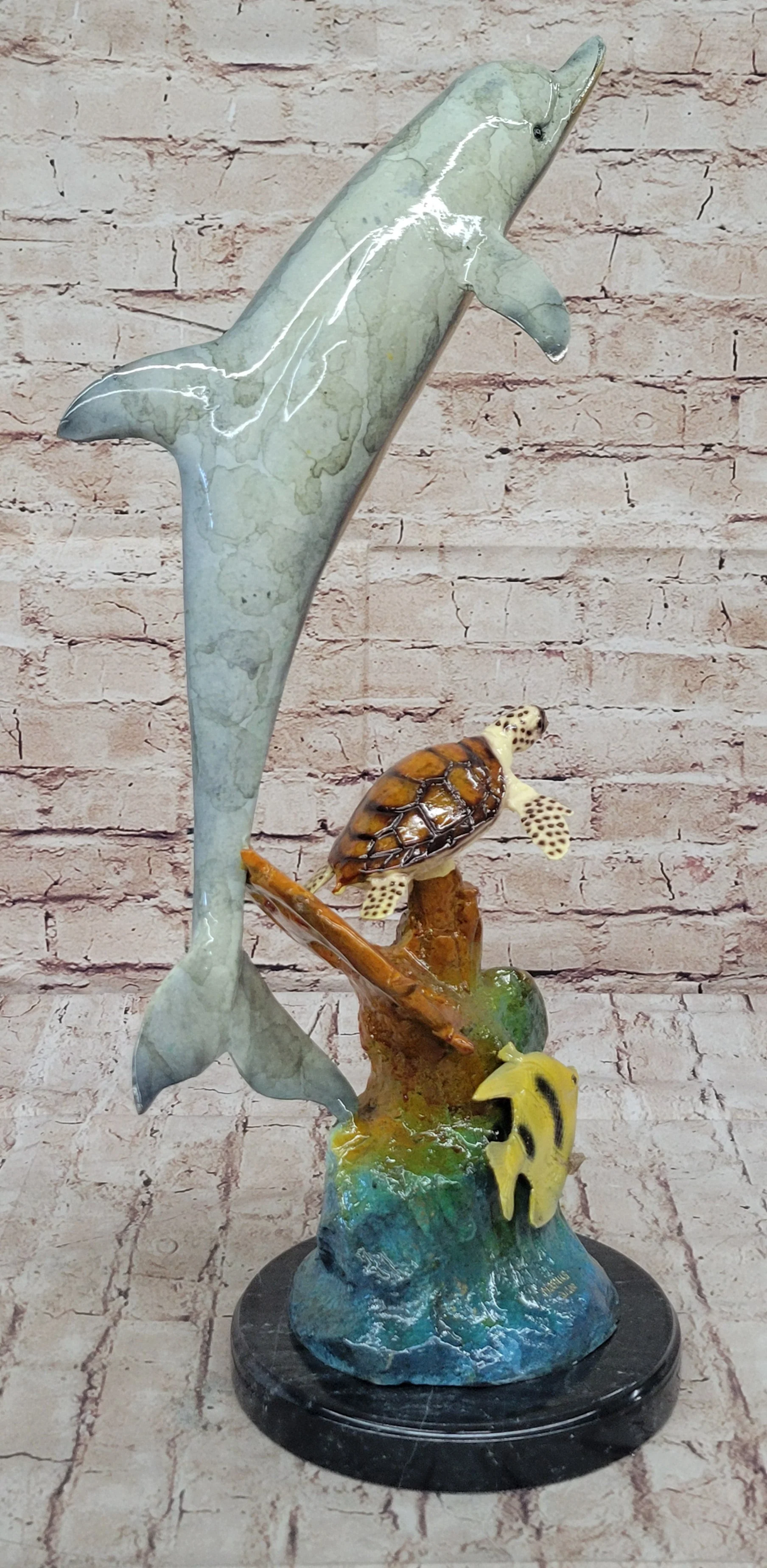 Dolphin Sea Turtle and Fish Colorful Bronze Metal Sculpture Statue Marine Decor Signed Numbered - Image 3