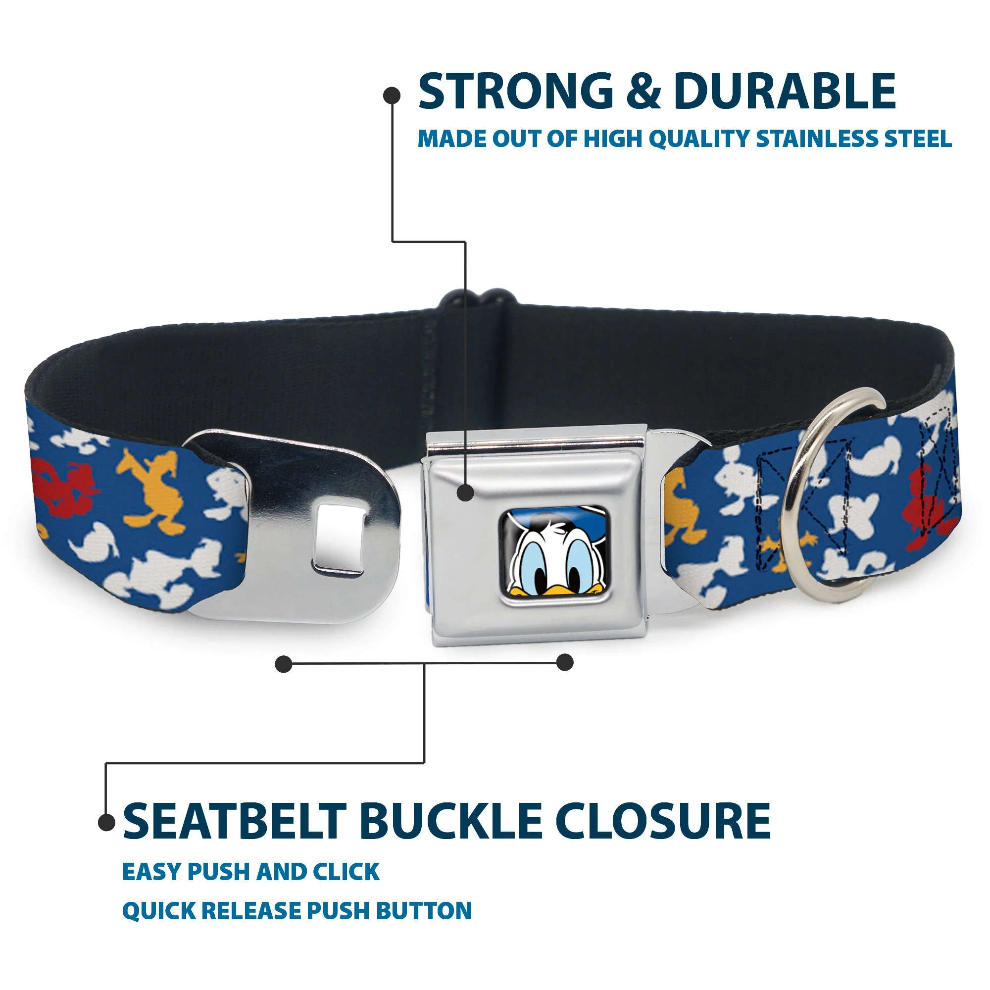 Donald Duck Face CLOSE-UP Full Color Seatbelt Buckle Collar - Donald Duck Face/Poses Scattered Blue/White/Red/Yellow - Image 4