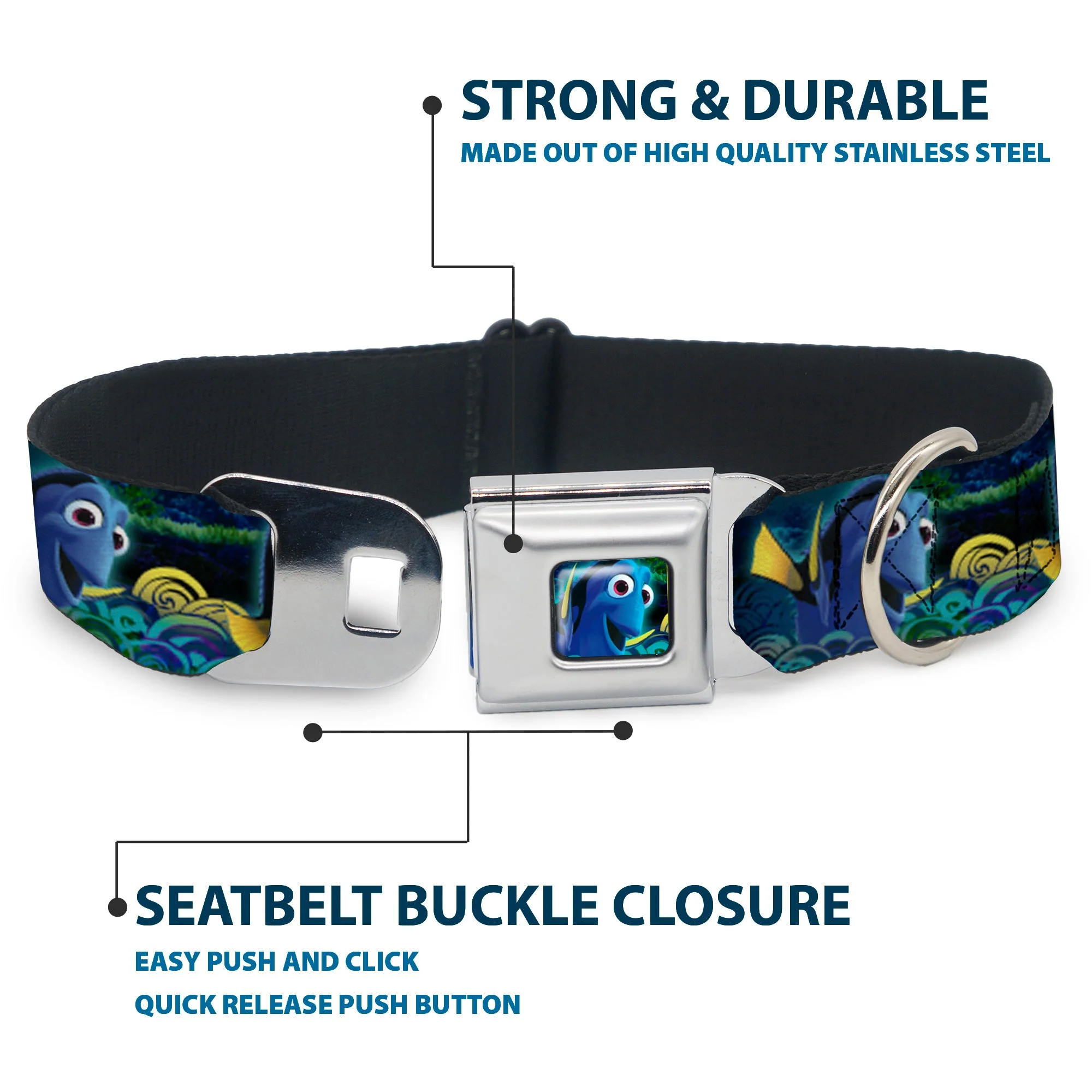 Dory Pose2/Swirls Full Color Blues/Yellows Seatbelt Buckle Collar - Dory Poses/Swirls Blues/Yellows - Image 4