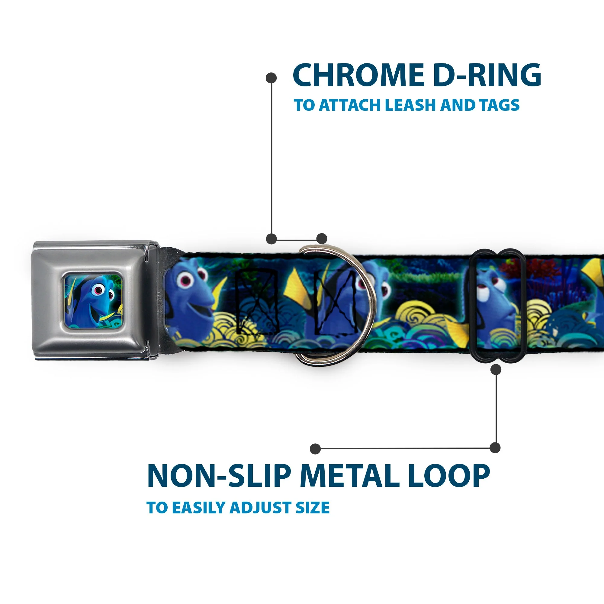 Dory Pose2/Swirls Full Color Blues/Yellows Seatbelt Buckle Collar - Dory Poses/Swirls Blues/Yellows - Image 5