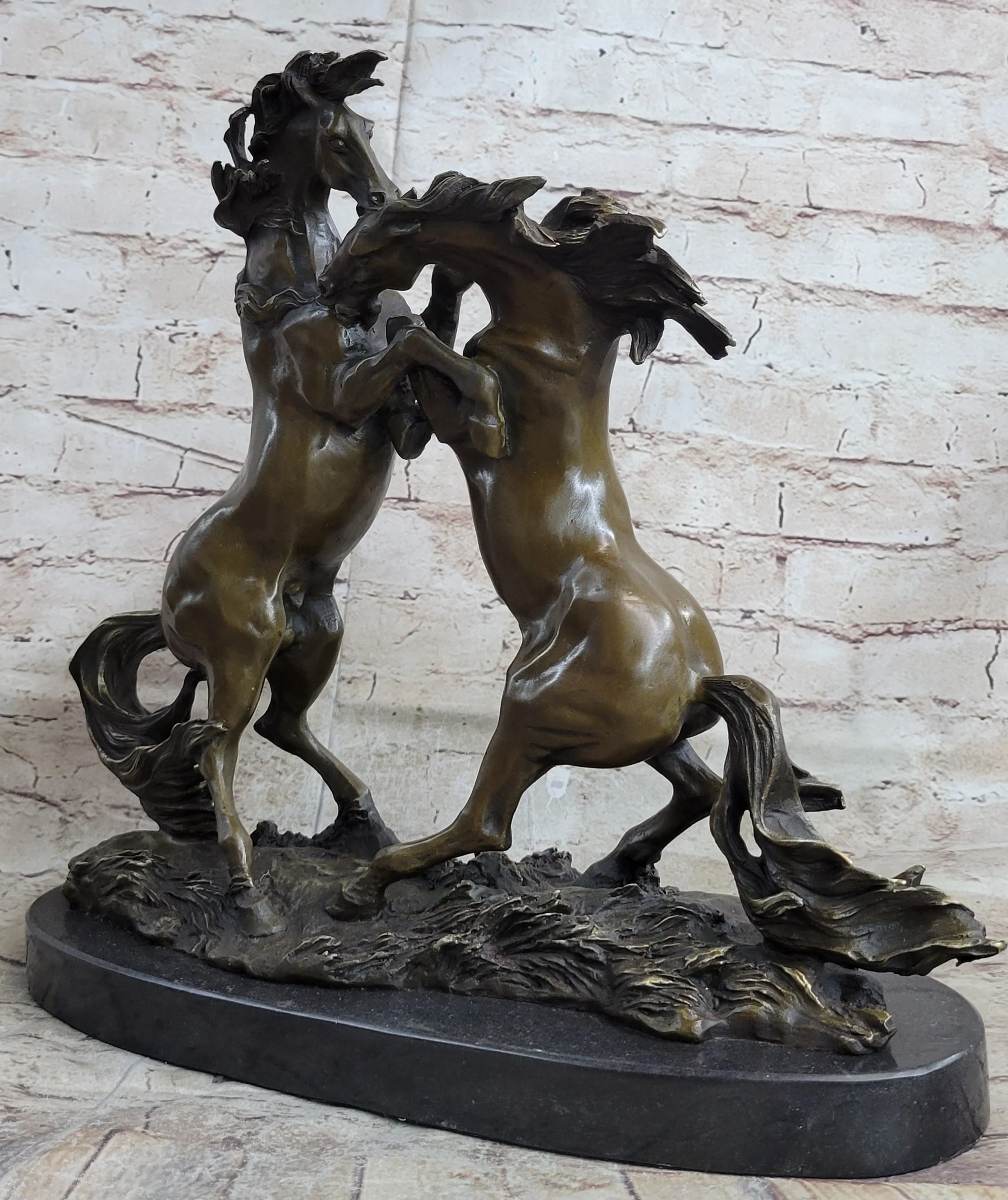 Dueling Stallion Horses Rearing Horse Bronze Statue Sculpture Decor Marble Base Original - Image 3
