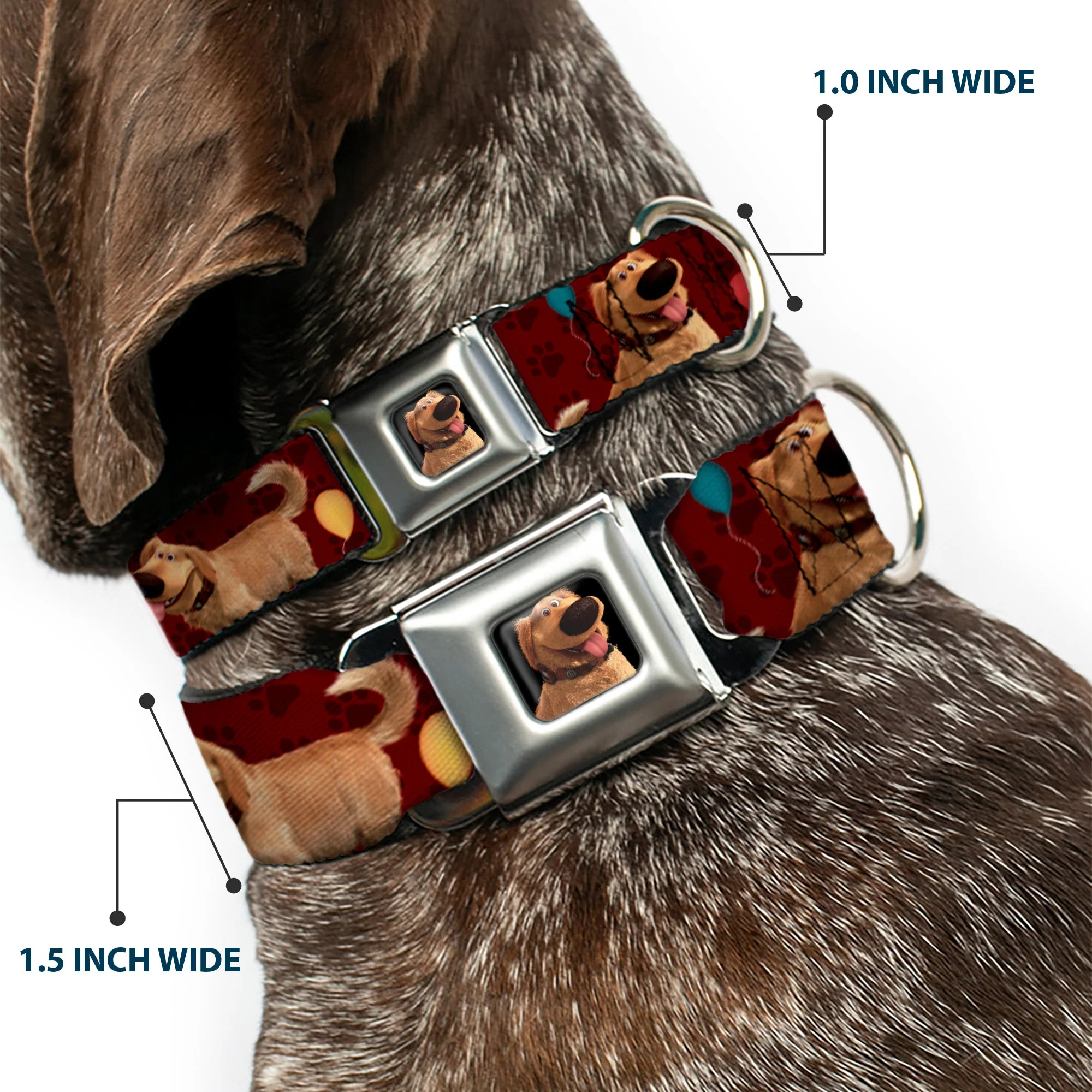 Dug Tongue Out Pose Full Color Black Seatbelt Buckle Collar - Dug 4-Poses/Balloons/Paw Print Reds - Image 2
