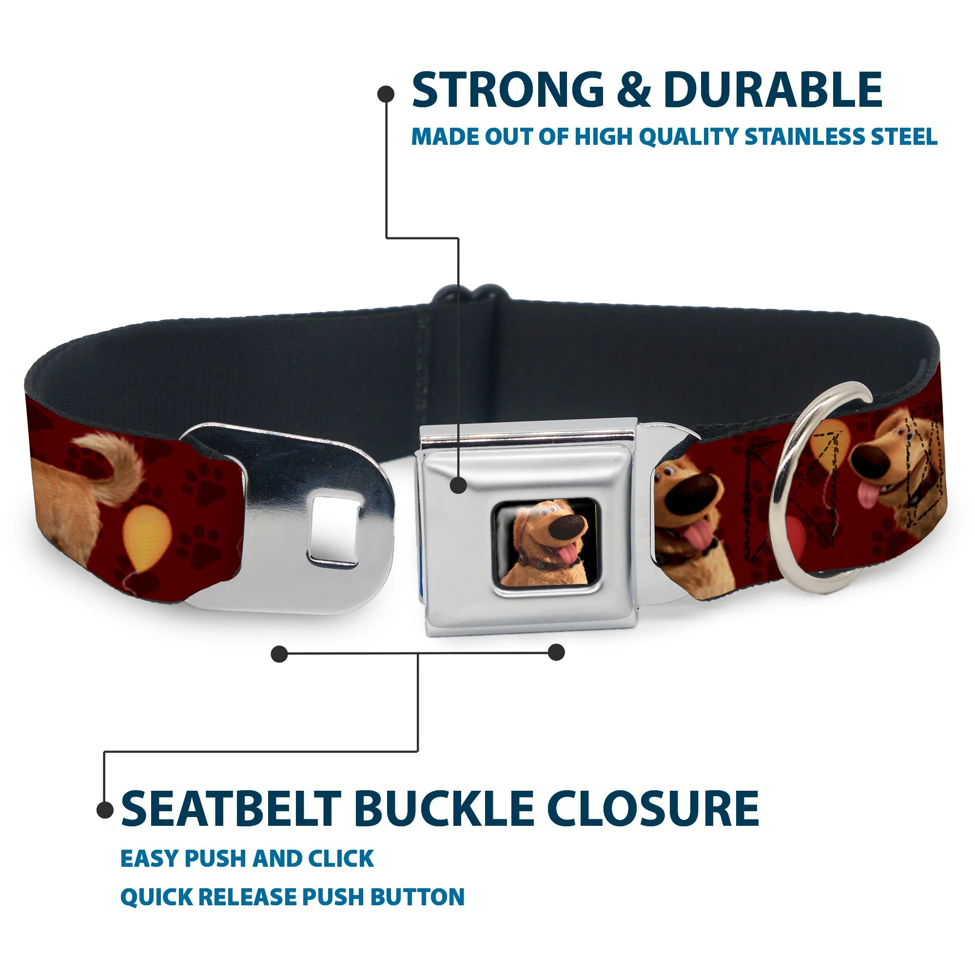 Dug Tongue Out Pose Full Color Black Seatbelt Buckle Collar - Dug 4-Poses/Balloons/Paw Print Reds - Image 4