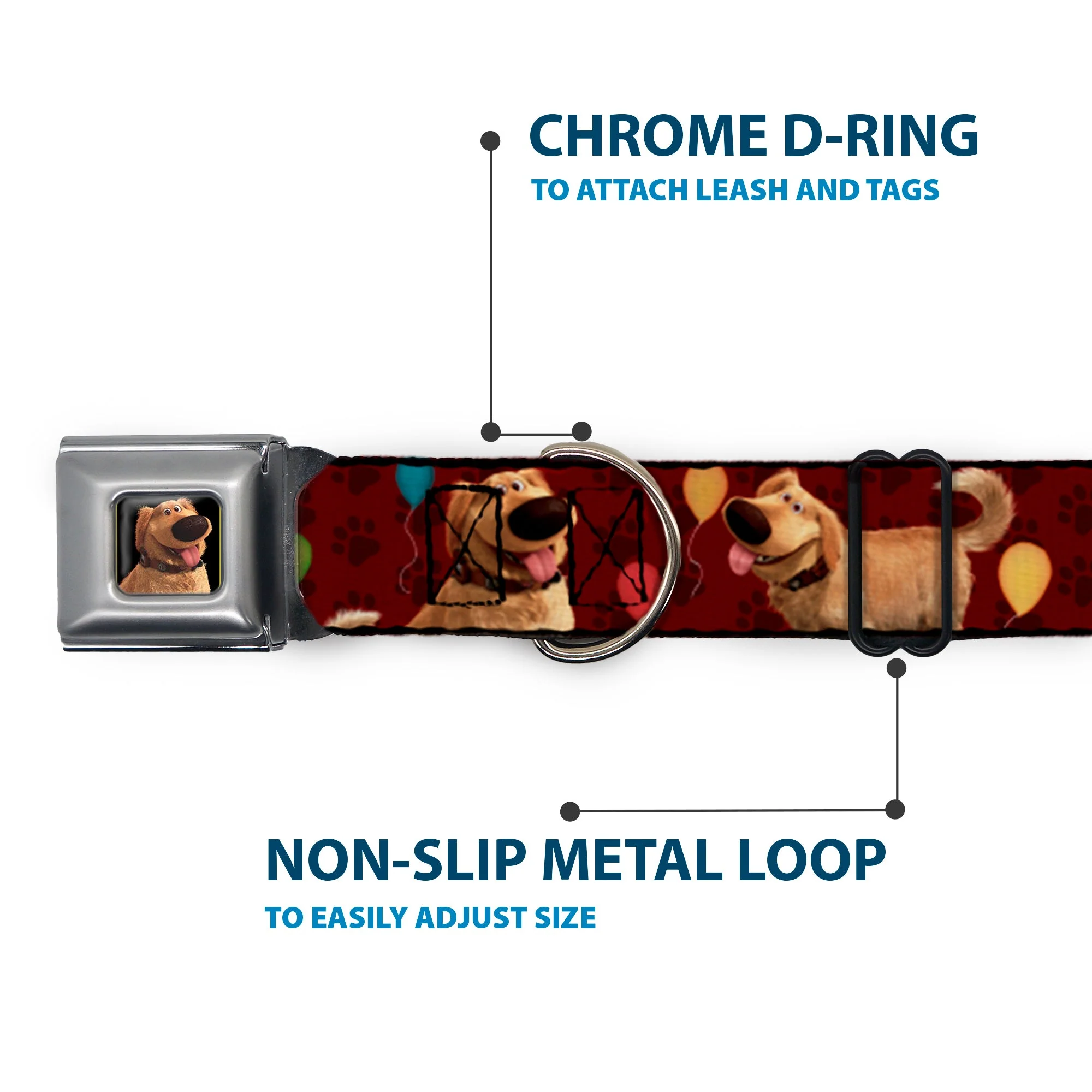 Dug Tongue Out Pose Full Color Black Seatbelt Buckle Collar - Dug 4-Poses/Balloons/Paw Print Reds - Image 5