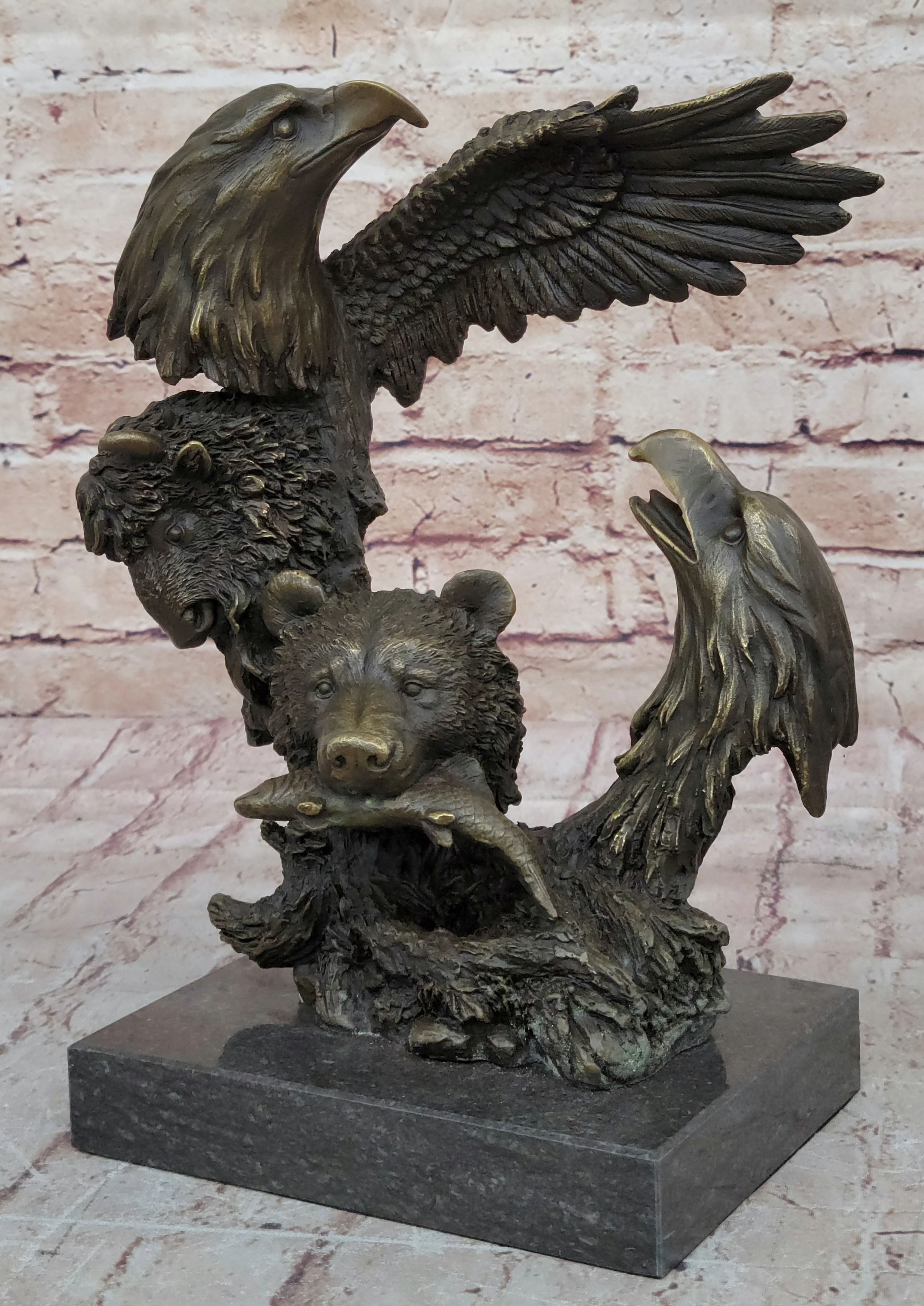 Eagles & Bear Hunting Fish Original Bronze Sculpture Statue Art by Milo on Marble Base - Image 4