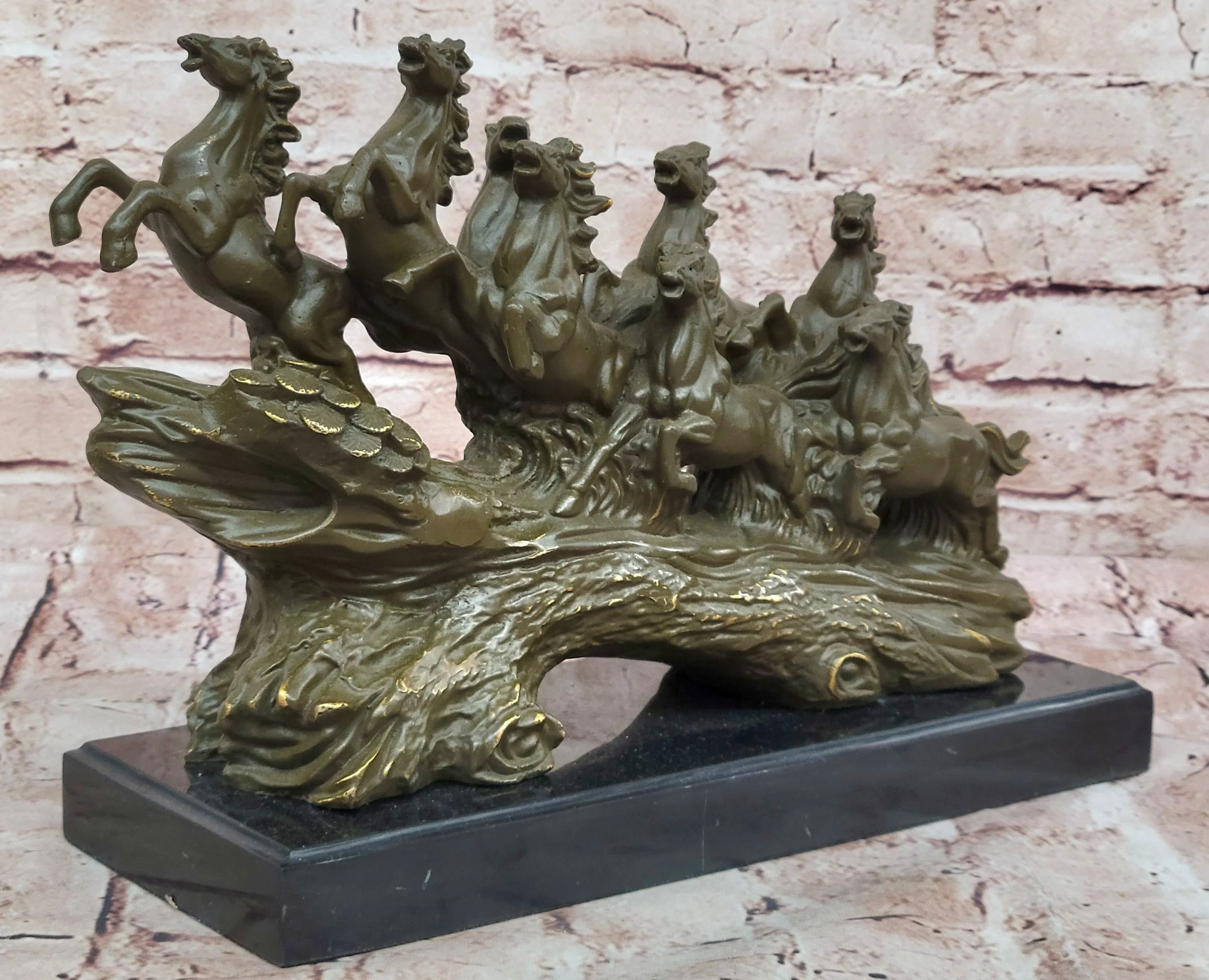 Eight Galloping Horses Bronze Sculpture on Marble Base Signed M. Lopez - Image 2