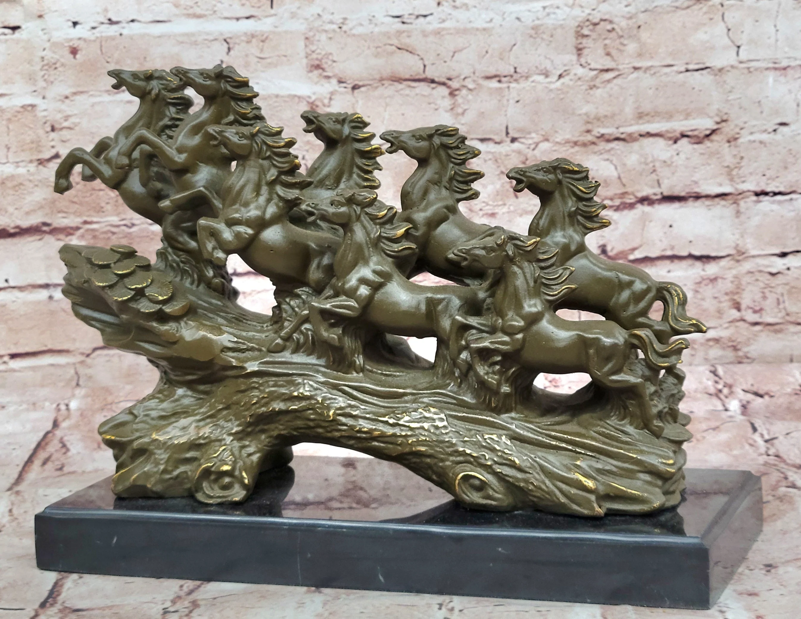 Eight Galloping Horses Bronze Sculpture on Marble Base Signed M. Lopez - Image 3