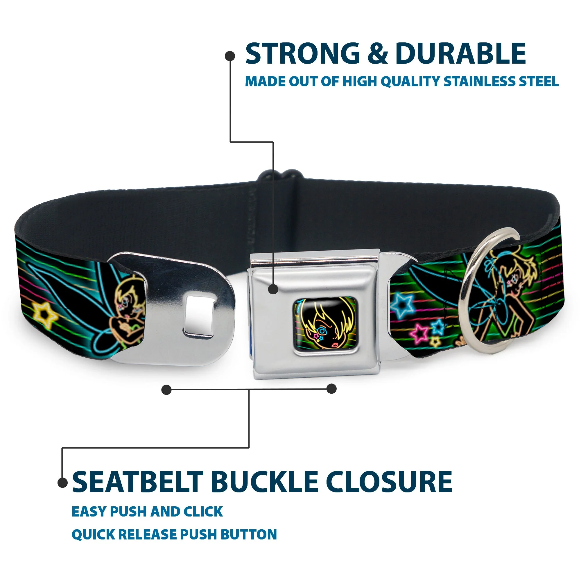 Electric Tinkerbell Face Full Color Black/Multi Neon Seatbelt Buckle Collar - Electric Tinkerbell Poses/Stripes Black/Multi Neon - Image 4