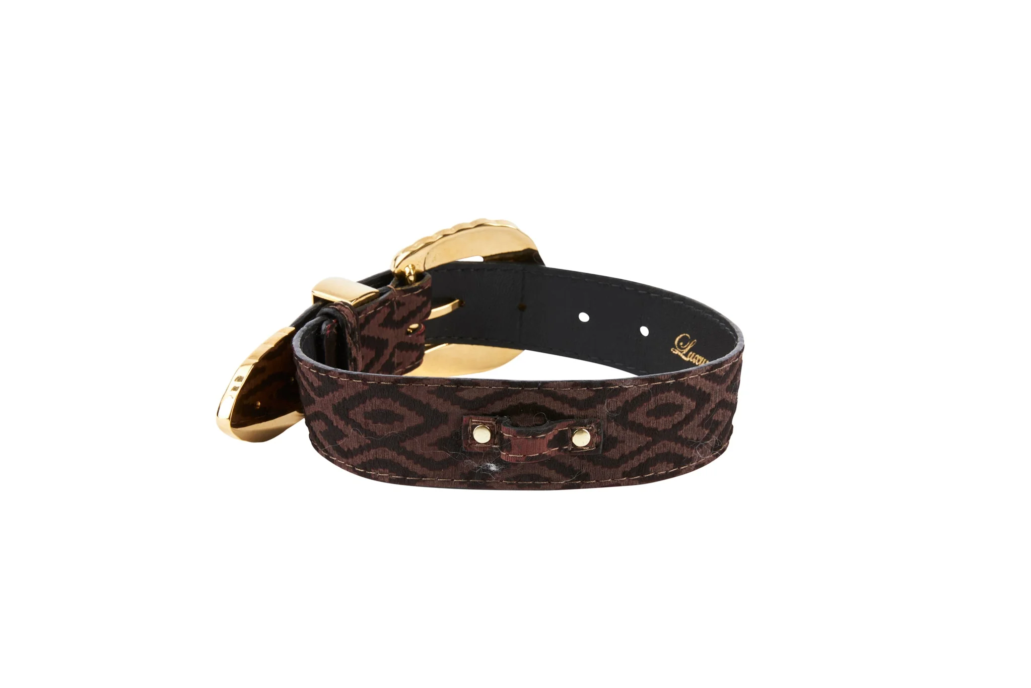 Elegant Black & Brown Pattern Italian Leather Collar With Ornate Italian Swarovski Crystal Hardware - Image 2
