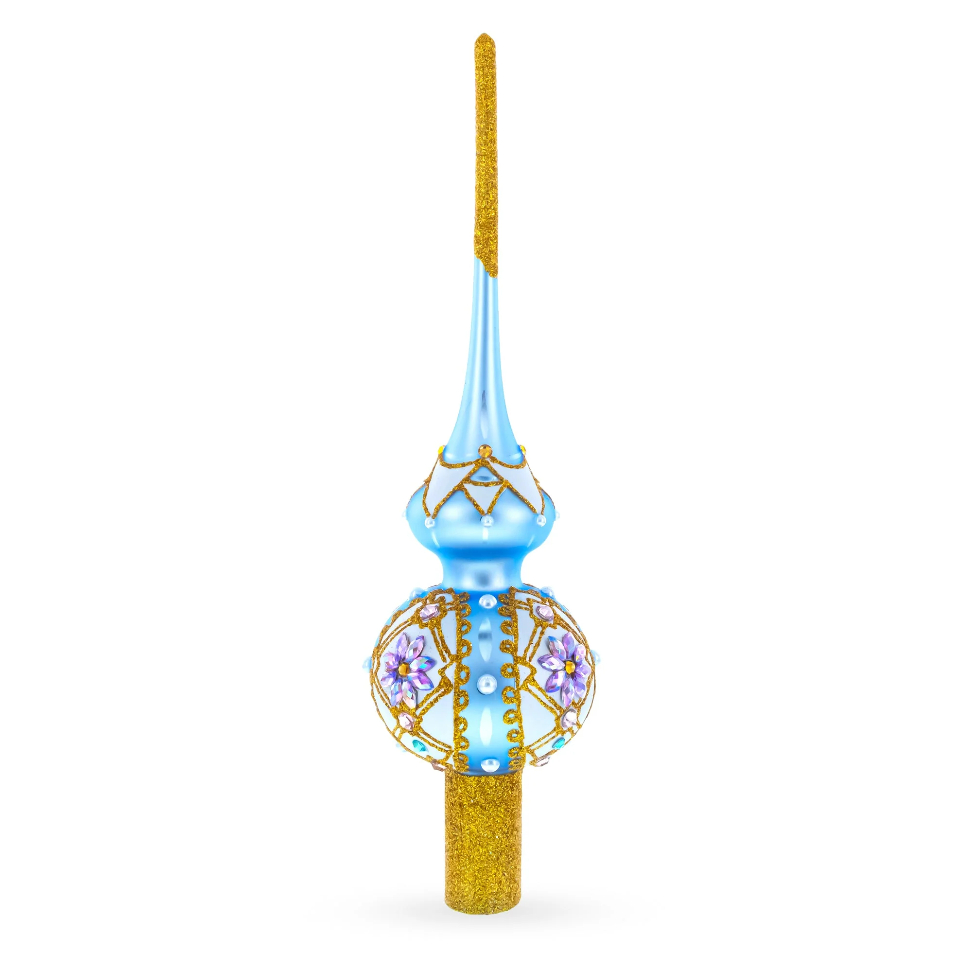 Elegant Blue and Purple Jewel-Encrusted Glass Tree Topper 11 Inches - Image 2