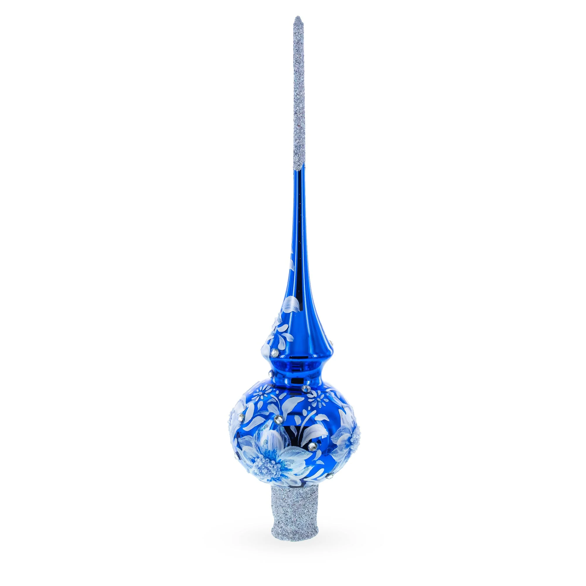 Elegant Cobalt Bloom with Glittering Accents Glass Christmas Tree Topper - Image 3