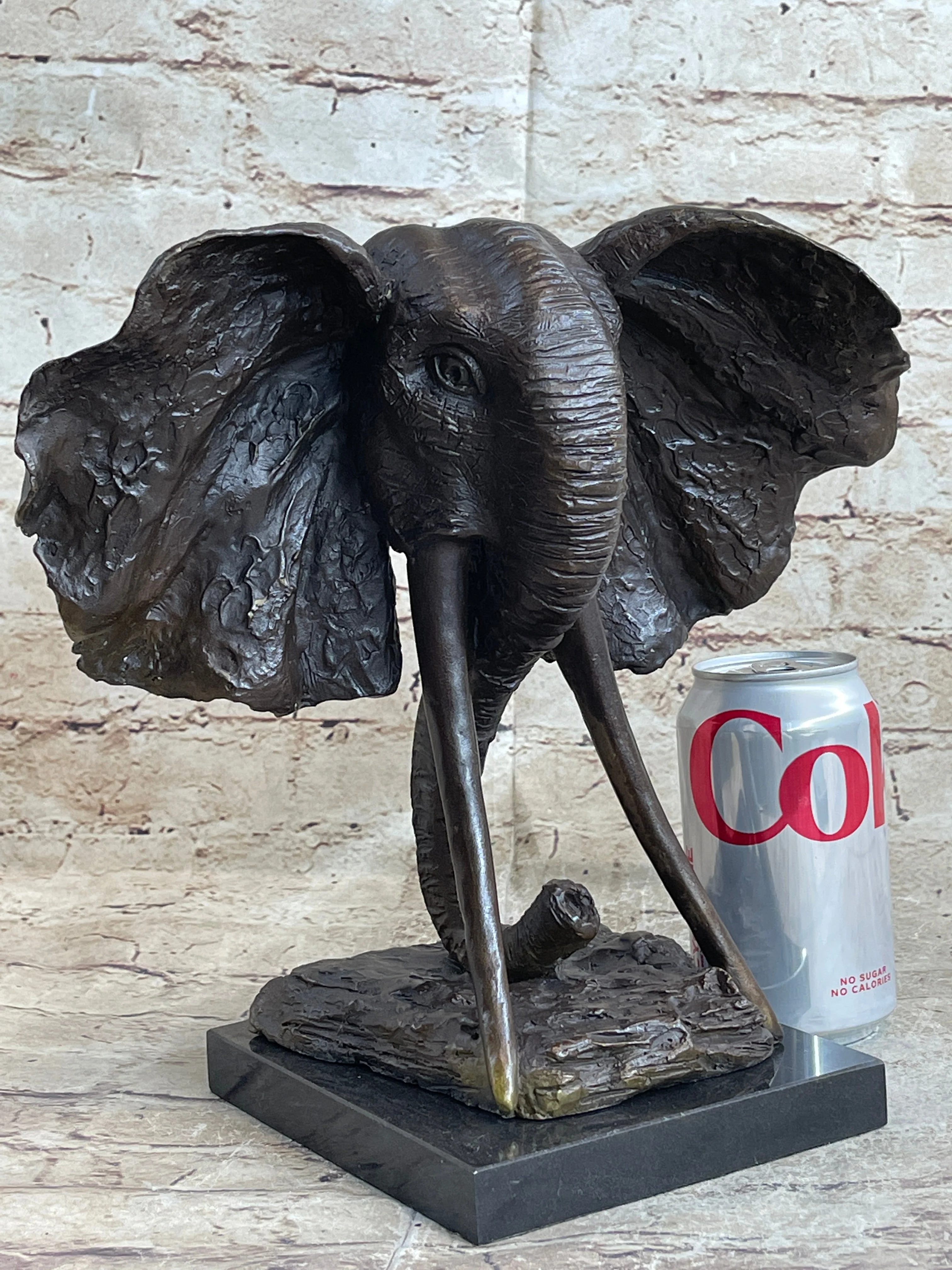 Elephant Head Bronze Metal Bust Statue Sculpture Figure Decor Signed Original Art Marble Base - Image 2