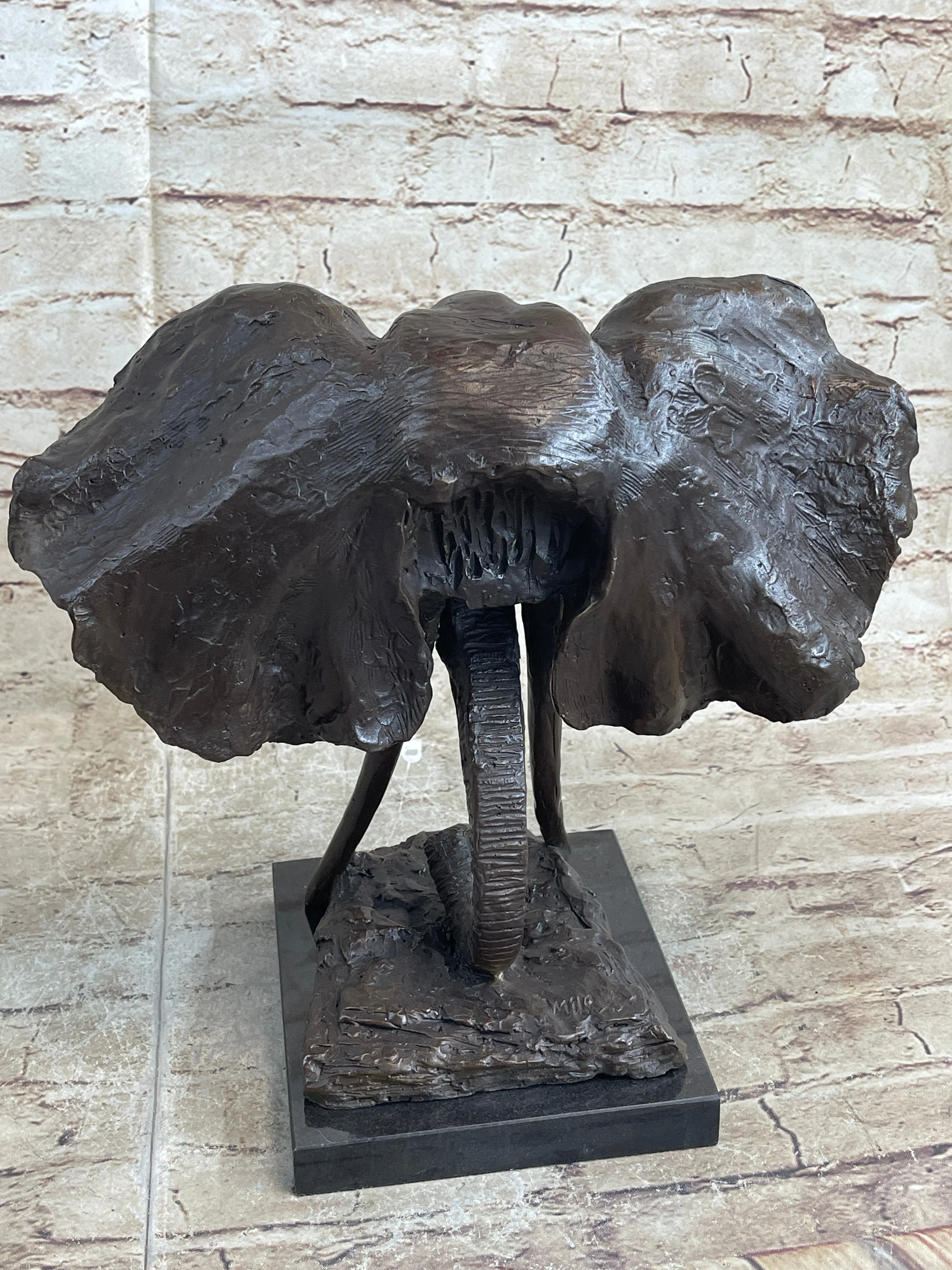 Elephant Head Bronze Metal Bust Statue Sculpture Figure Decor Signed Original Art Marble Base - Image 6