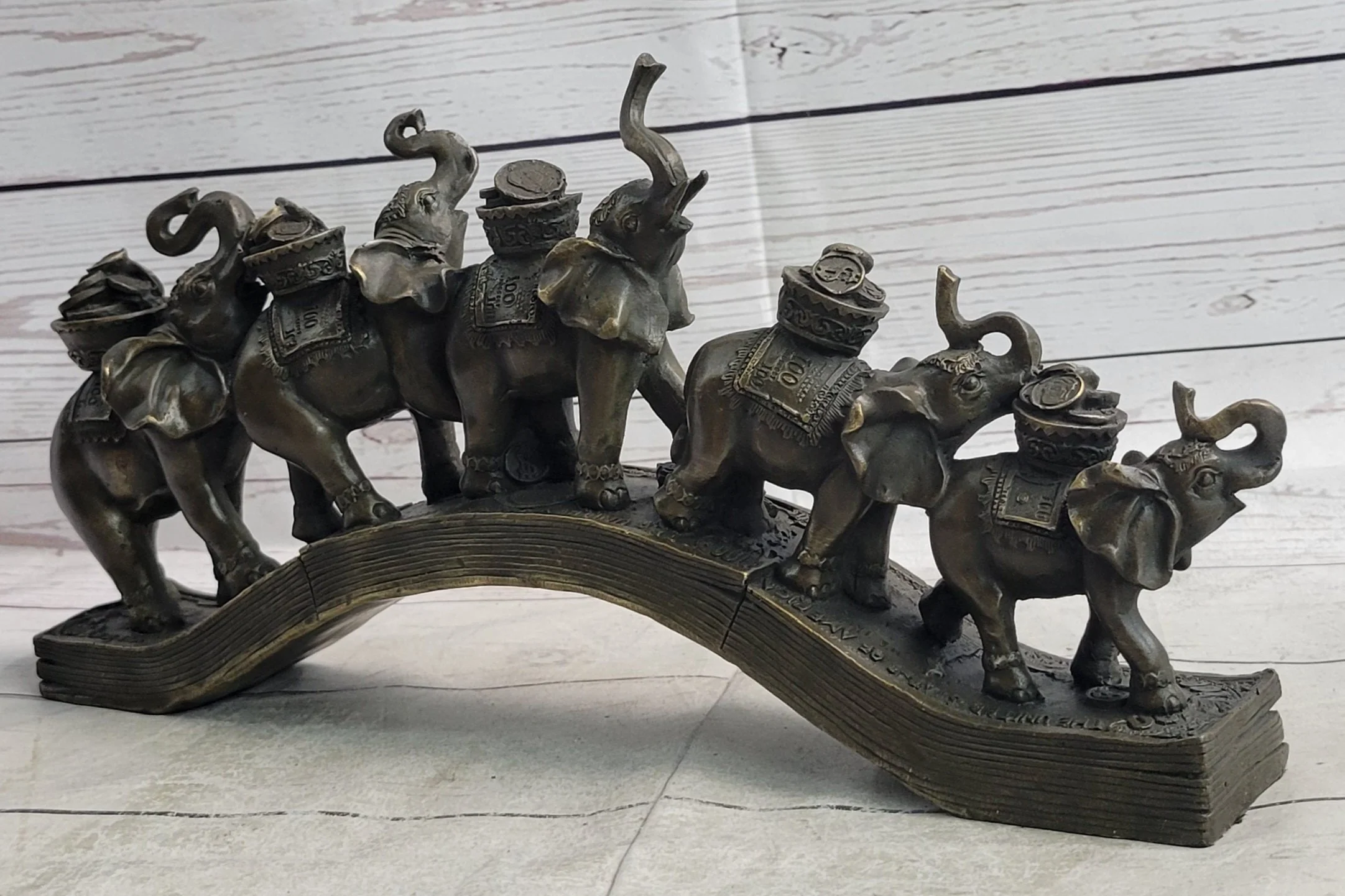 Elephants Crossing Bridge Carrying Money Fortune Lucky Bronze Sculpture Statue Art Decor - Image 3