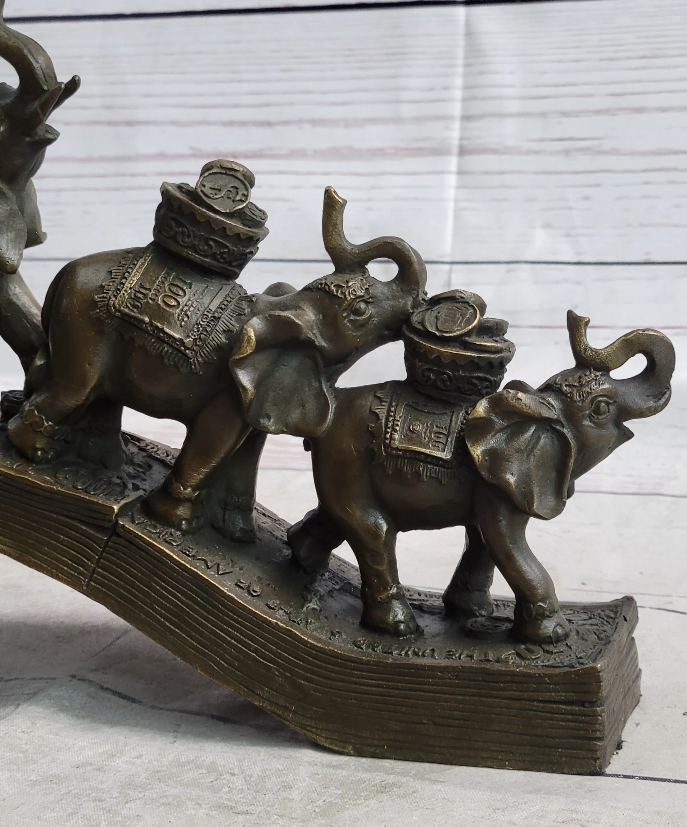 Elephants Crossing Bridge Carrying Money Fortune Lucky Bronze Sculpture Statue Art Decor - Image 7