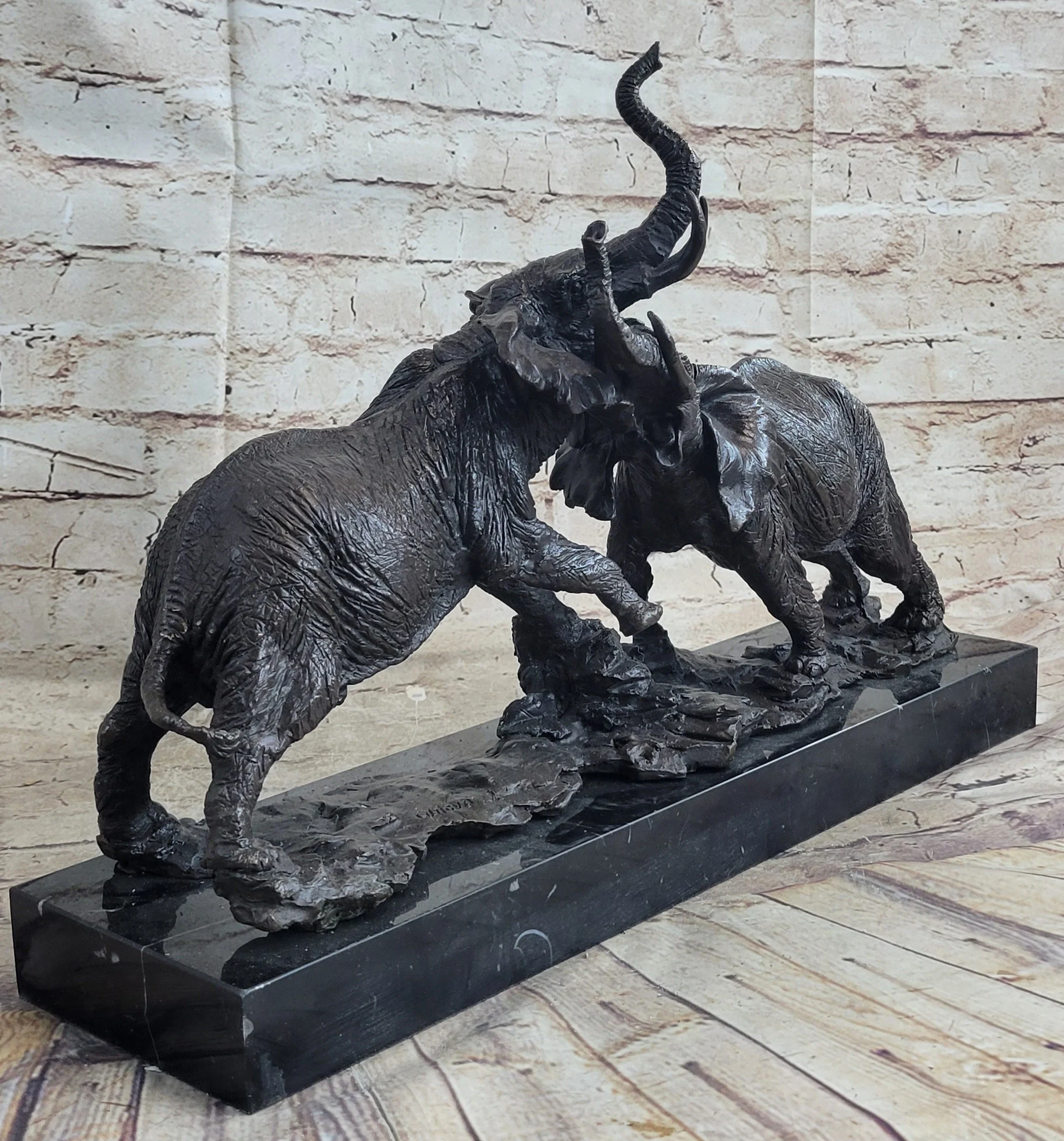 Elephants in Battle Bronze Sculpture Hot Cast Marble Base Figurine Wild Life Art - Image 3