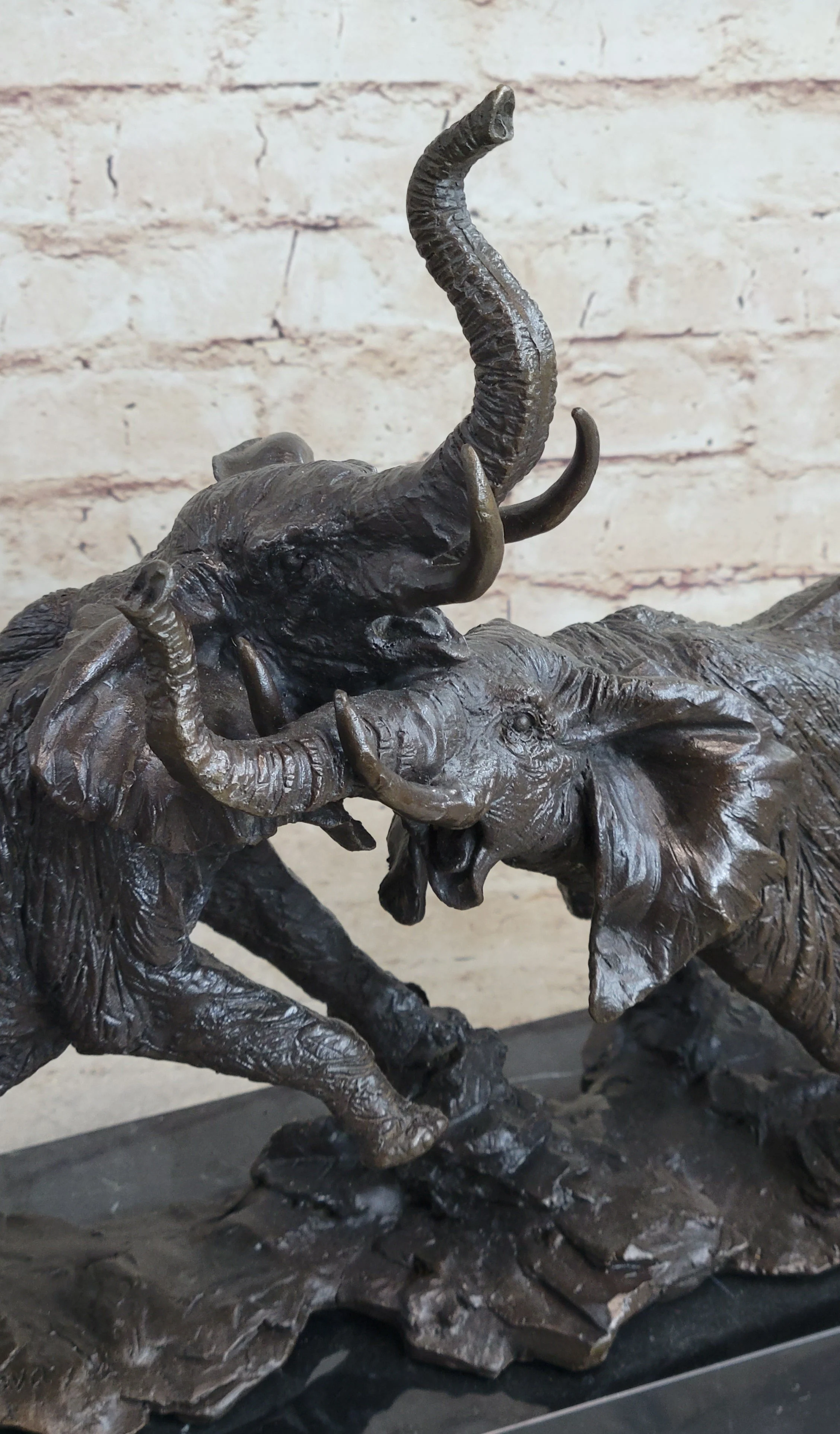 Elephants in Battle Bronze Sculpture Hot Cast Marble Base Figurine Wild Life Art - Image 8