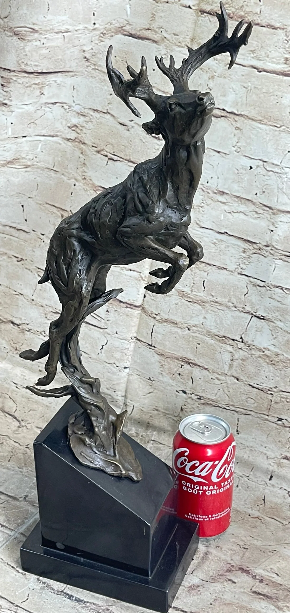 Elk Deer Caribou Stag Buck Jumping Bronze Statue Sculpture on Marble Base - Image 2