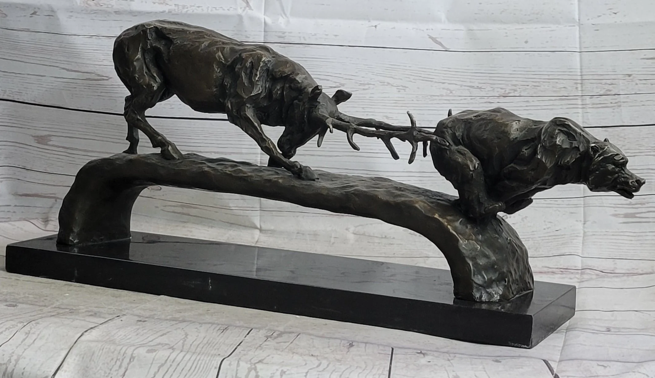 Elk Reindeer Caribou vs. Bear Bronze Sculpture Statue Wildlife Original Art Decor - Image 4