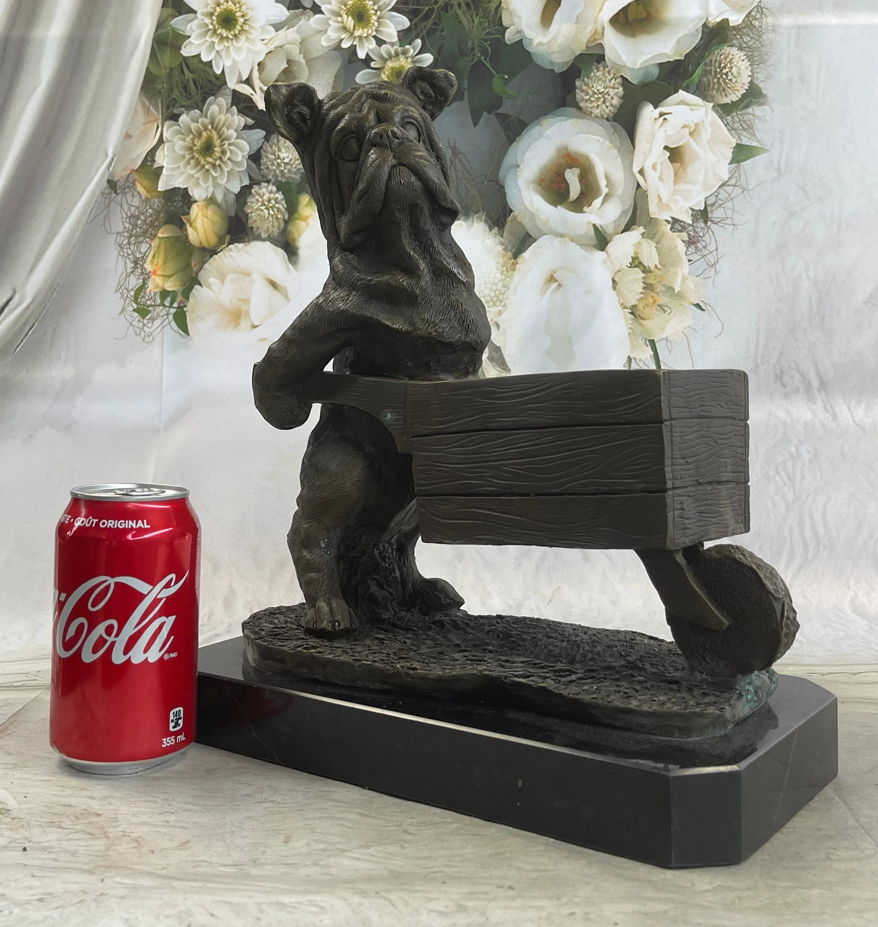 English Bulldog Pushing Wheelbarrow Bronze Planter Dish Sculpture Figure 12" x 12" - Image 2