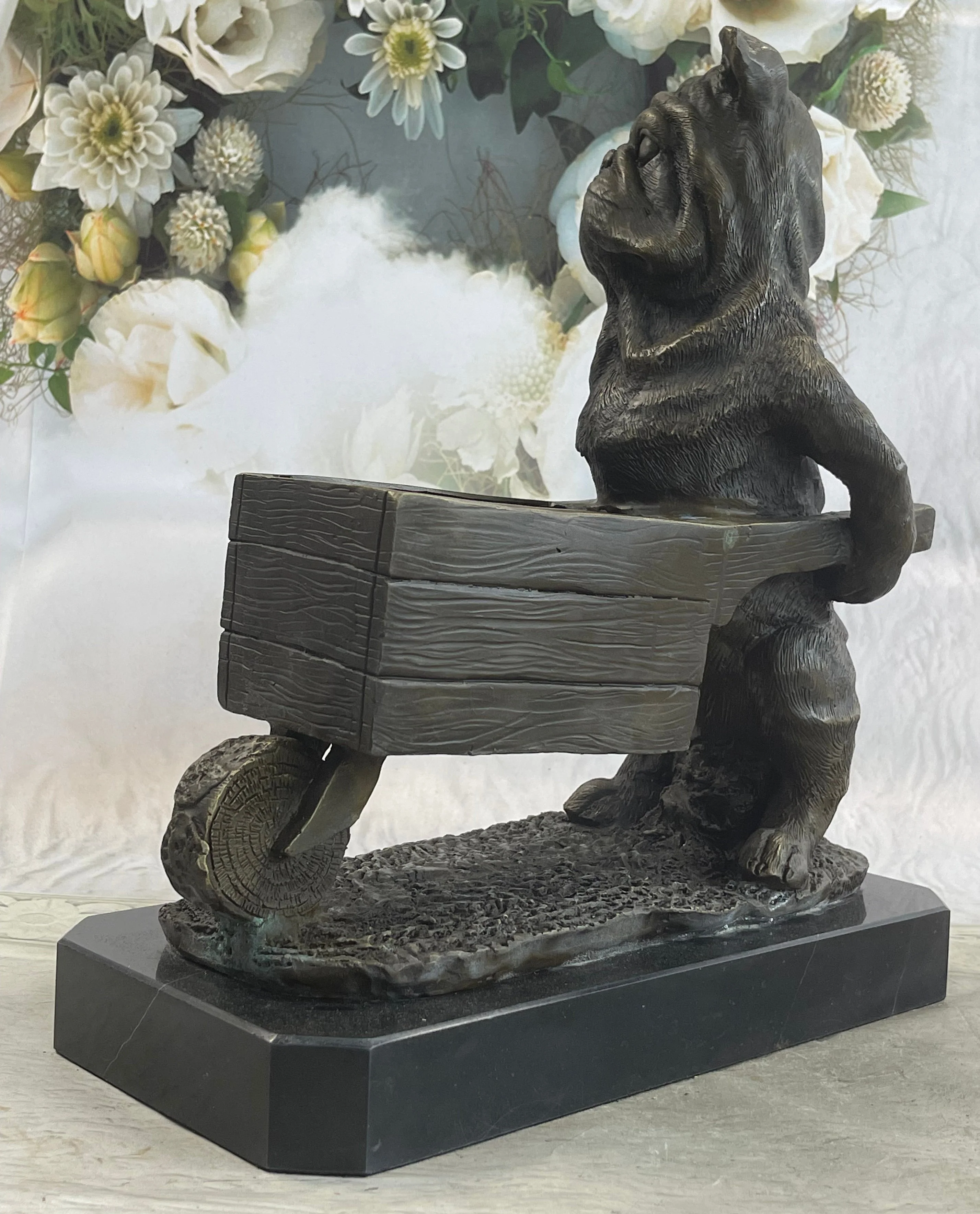 English Bulldog Pushing Wheelbarrow Bronze Planter Dish Sculpture Figure 12" x 12" - Image 3