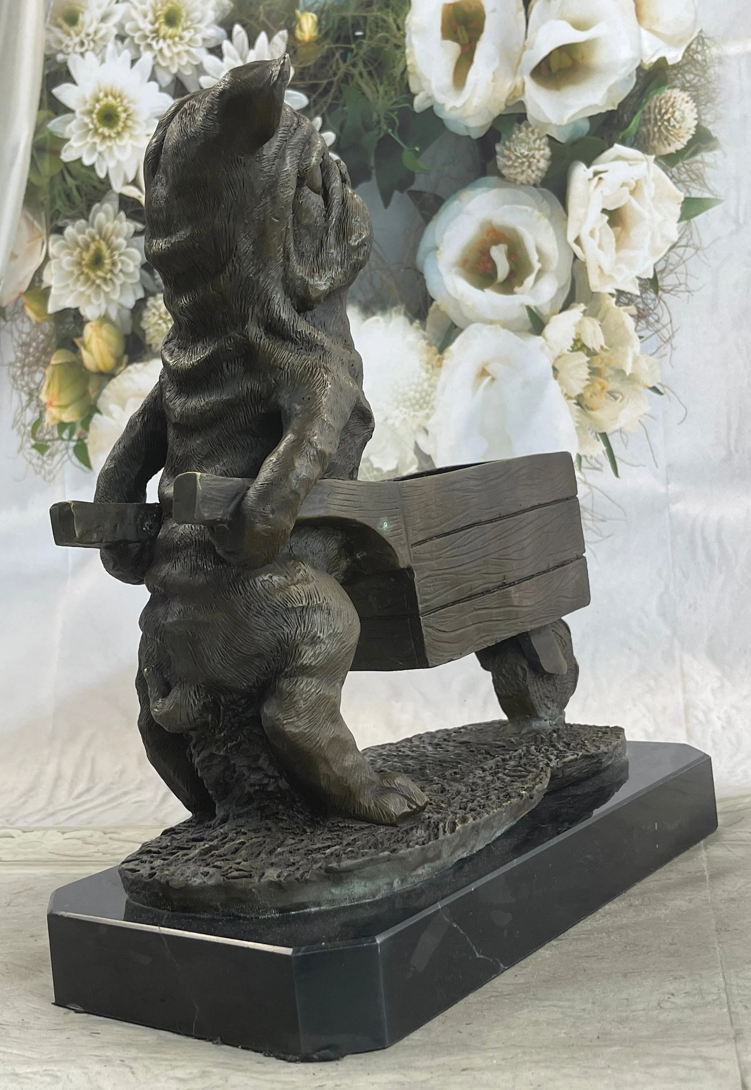 English Bulldog Pushing Wheelbarrow Bronze Planter Dish Sculpture Figure 12" x 12" - Image 7