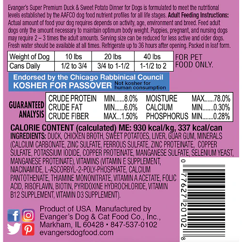 Evangers Super Premium All Life Stages Duck & Sweet Potato, Limited Ingredient Wet Dog Can (12.5oz) - Image 2