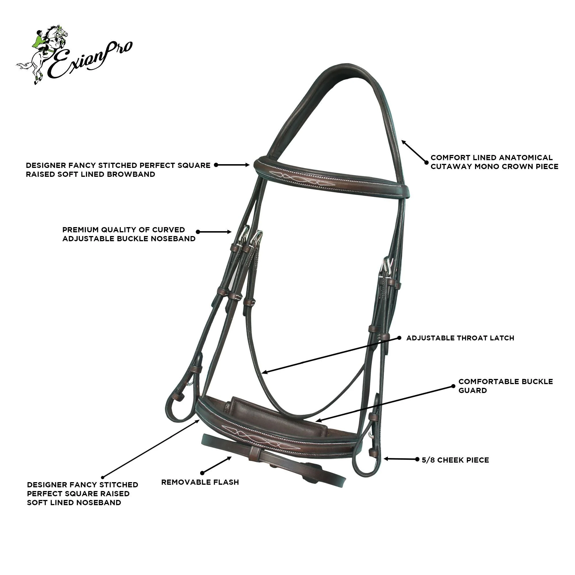 ExionPro Designer Fancy Stitched Bridle with Flash and Rubber Reins - Image 9