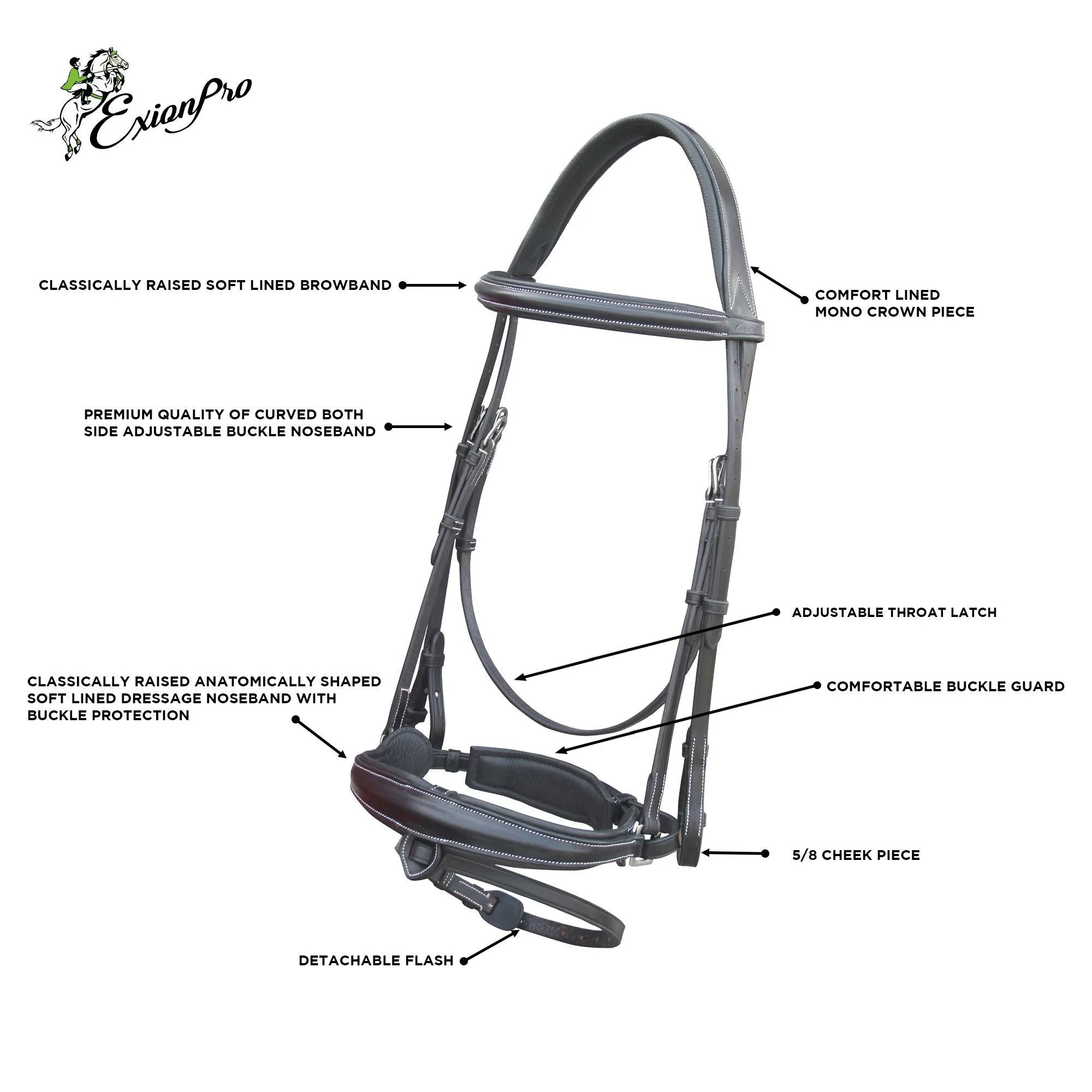 ExionPro Dressage Bridle: Mono Crown, Raised Browband, Anatomical Noseband, Detachable Flash & Web Reins - Image 8