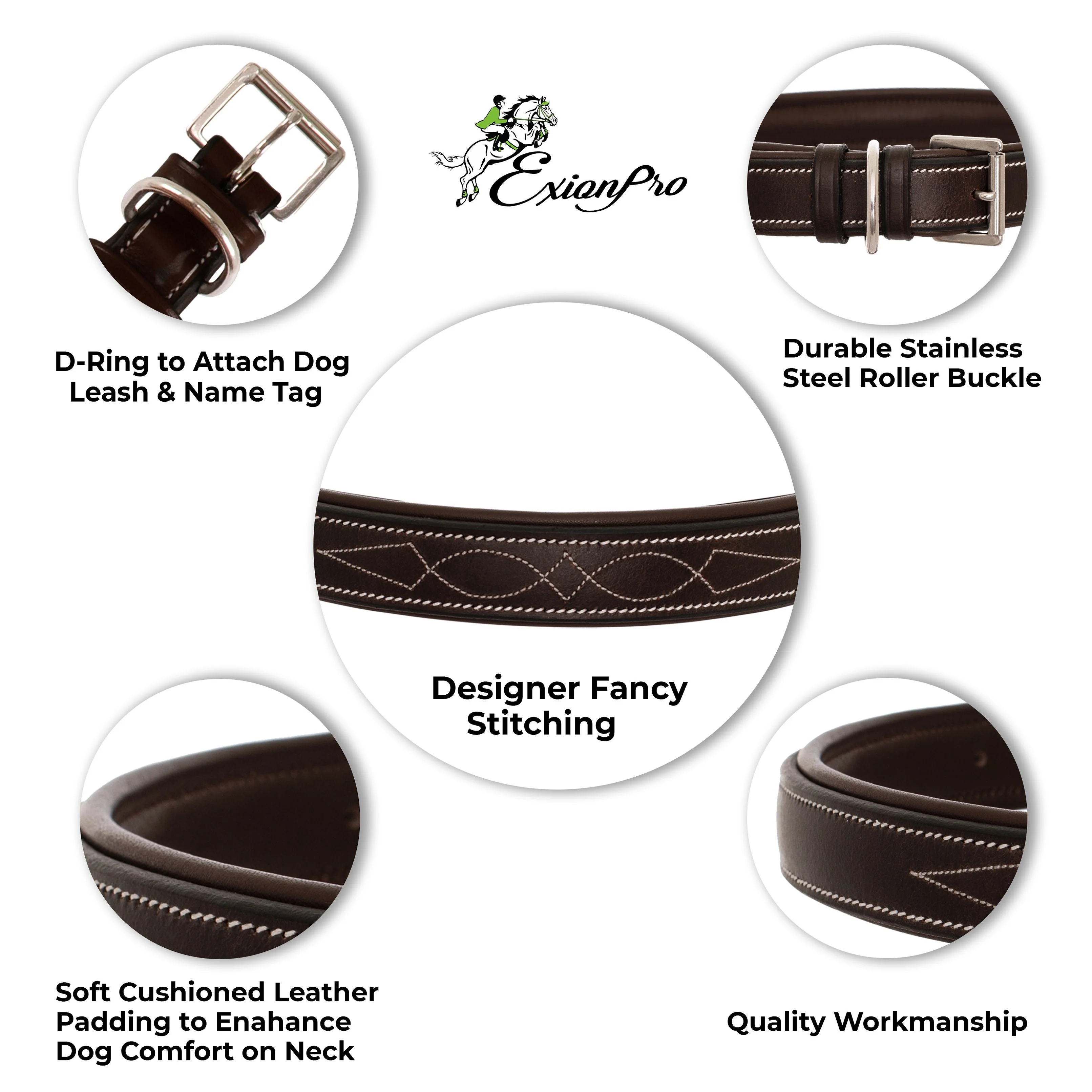ExionPro Fancy Stitched Padded Leather Dog Collar - Havana Padding - Image 5