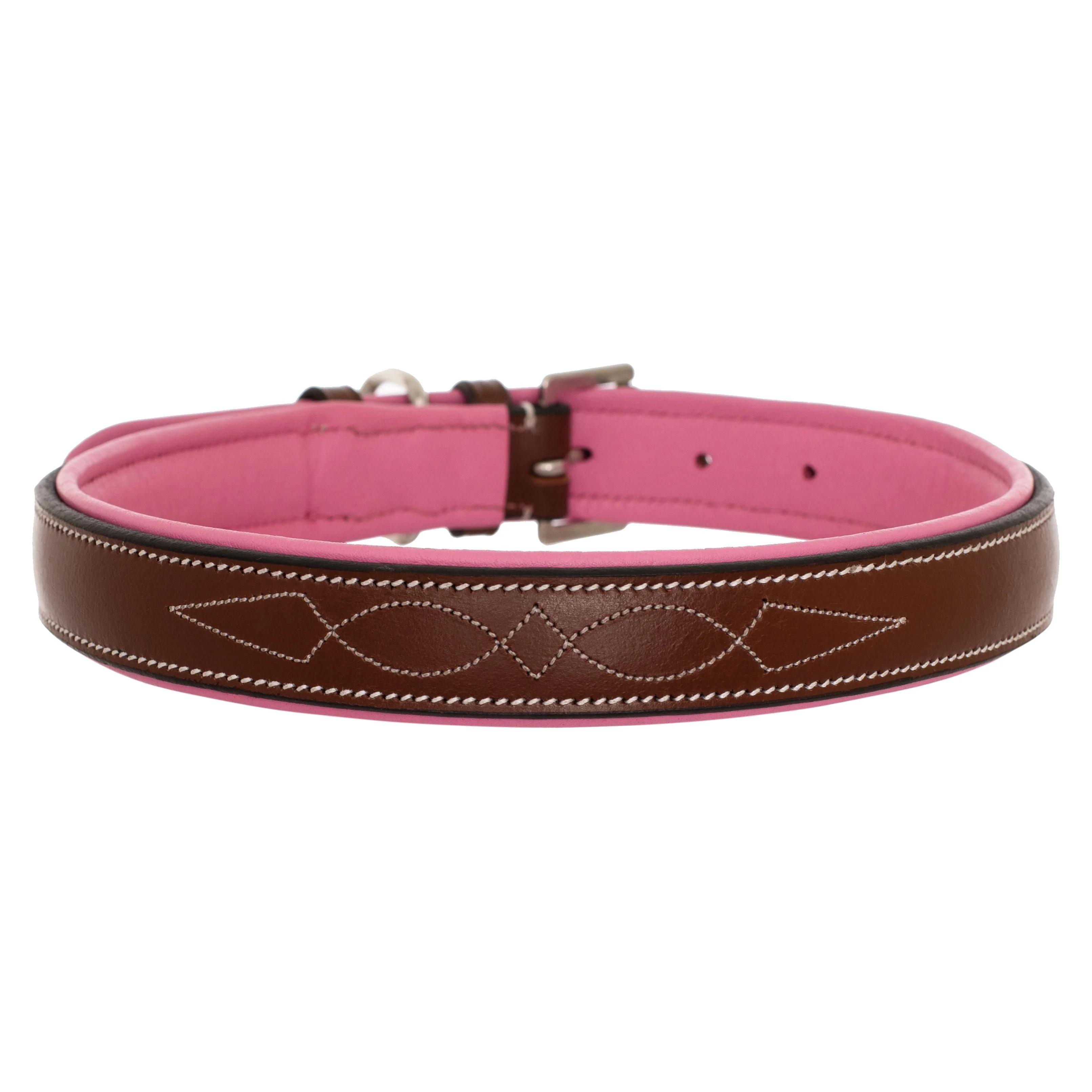 ExionPro Fancy Stitched Padded Leather Dog Collar - Pink Padding - Image 2