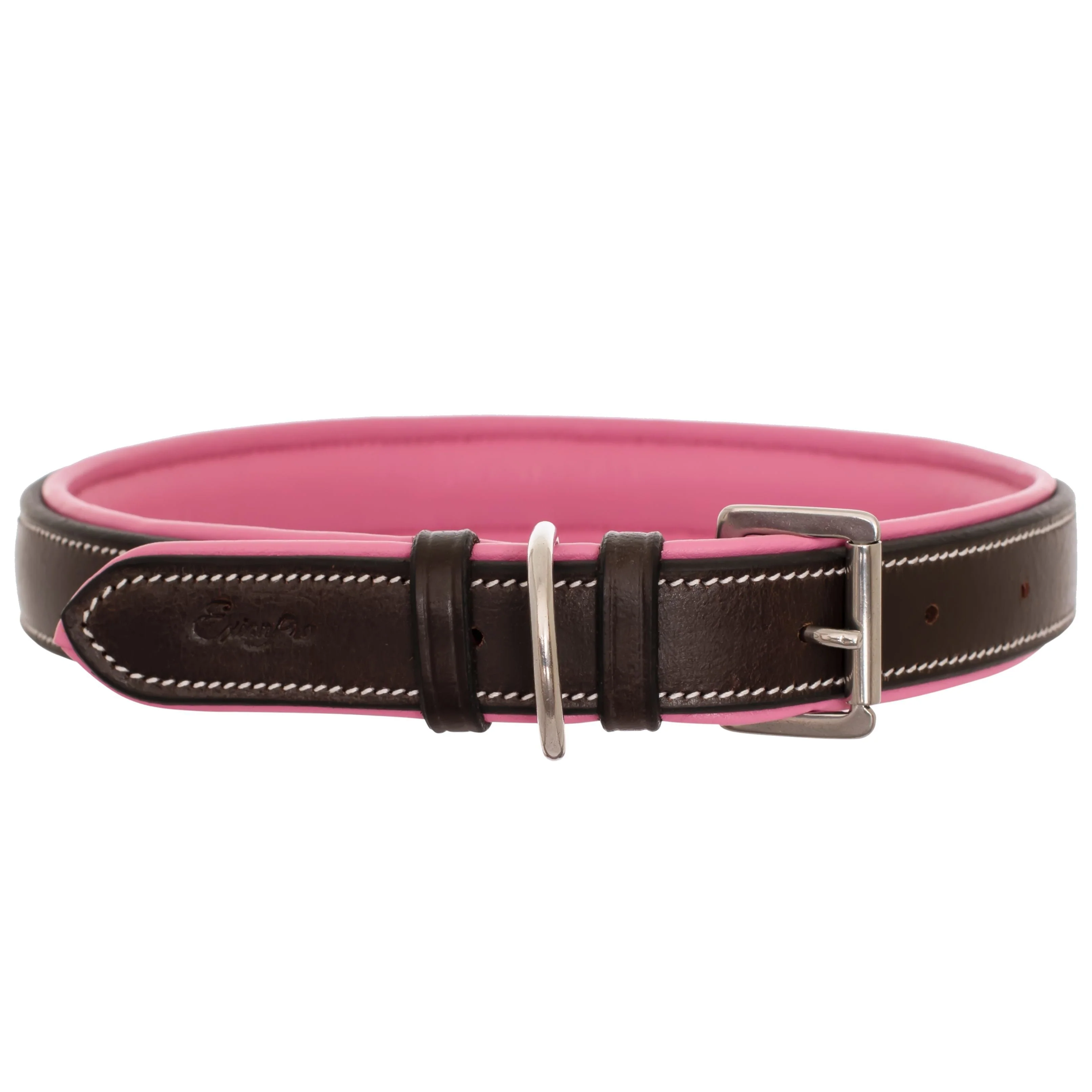 ExionPro Fancy Stitched Padded Leather Dog Collar - Pink Padding - Image 3
