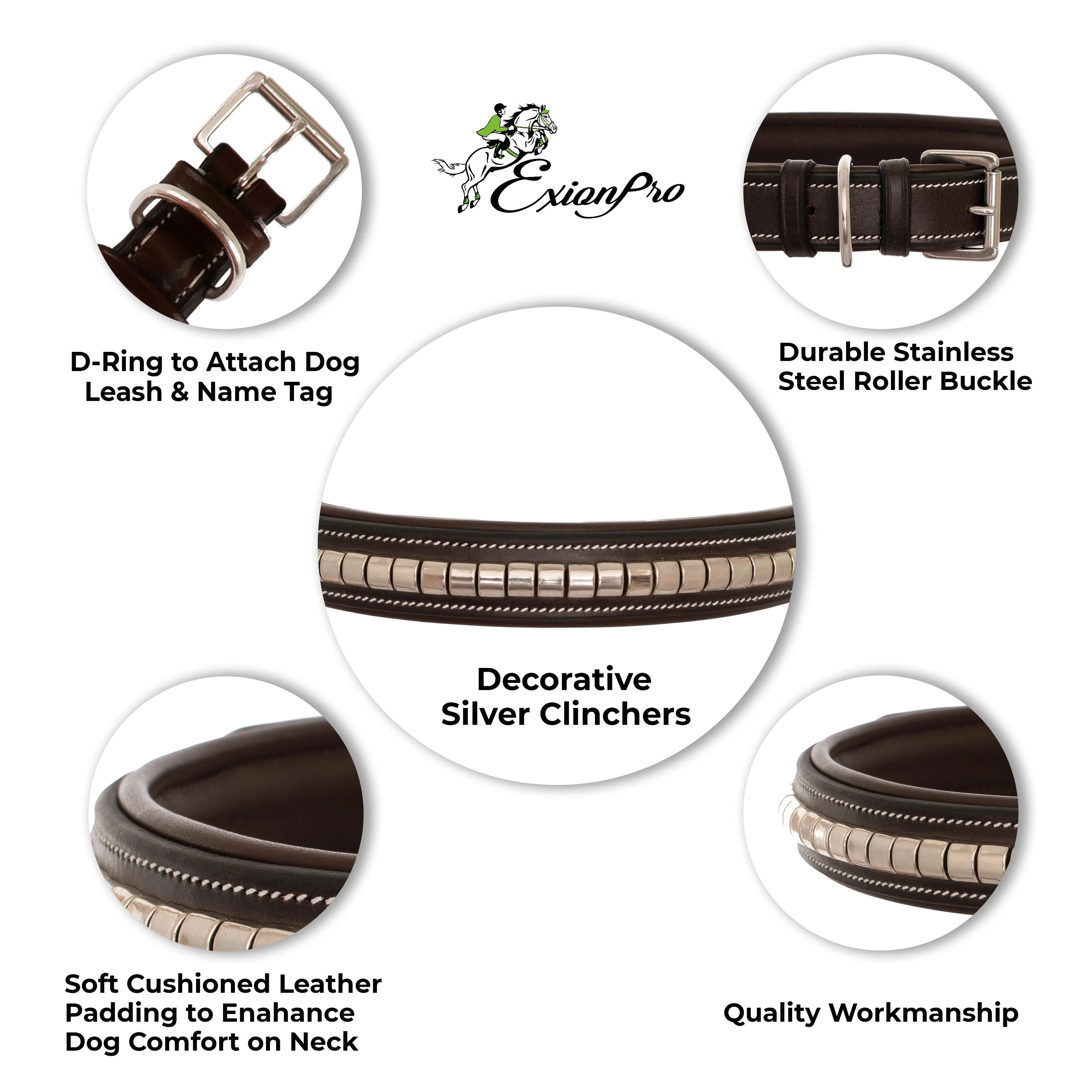 ExionPro Silver Clincher Padded Leather Dog Collar - Conker Padding - Image 8