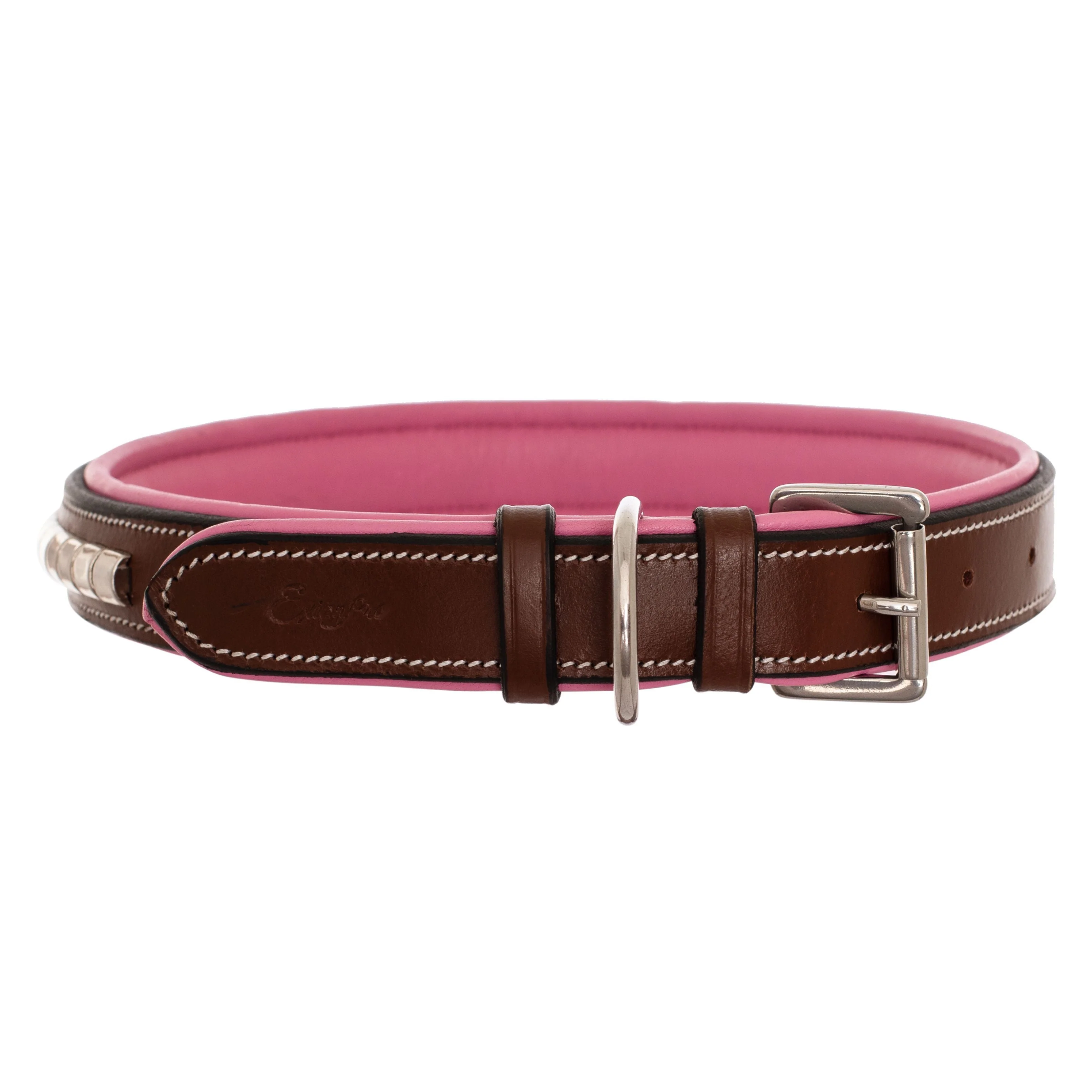 ExionPro Silver Clincher Padded Leather Dog Collar - Pink Padding - Image 4