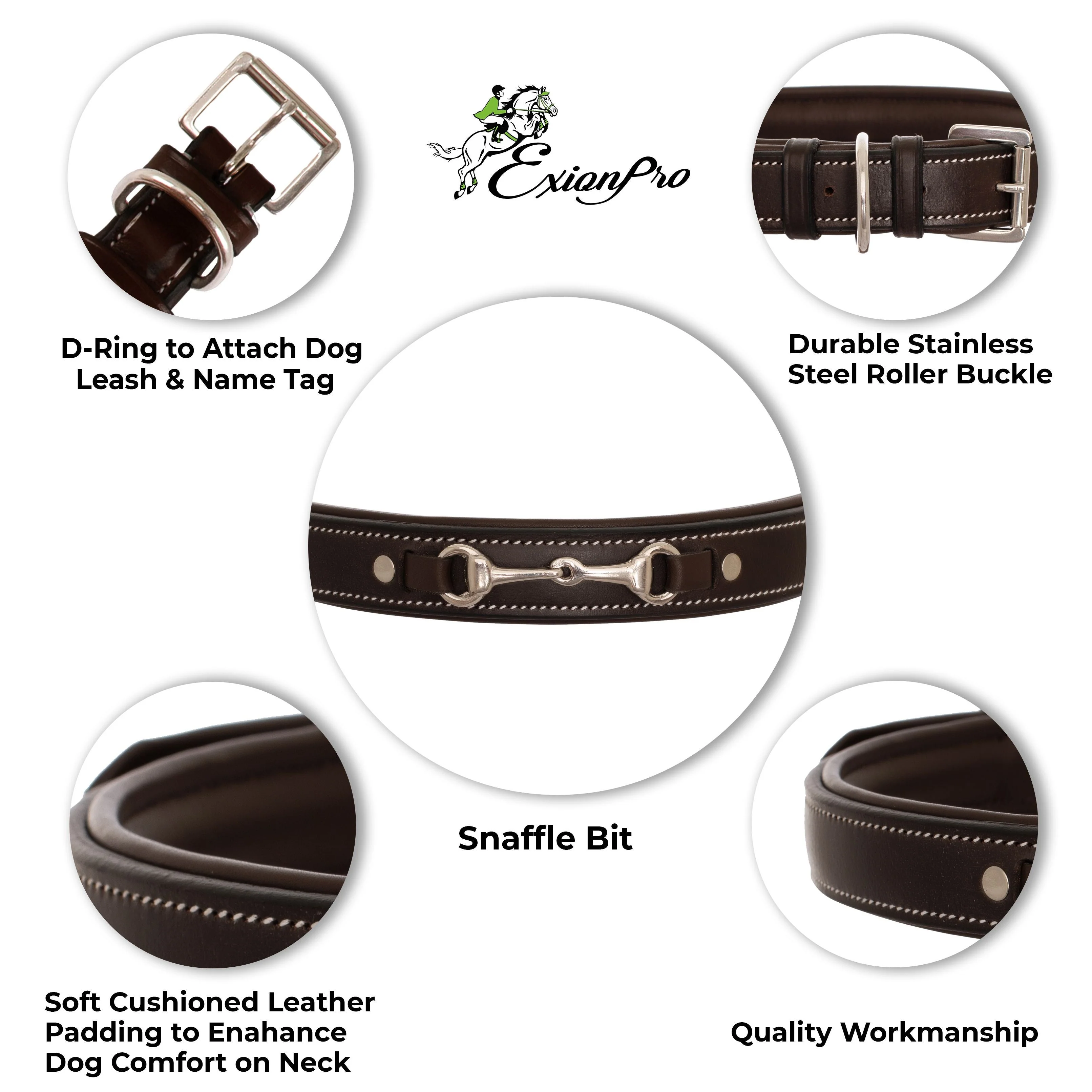 ExionPro Silver Snaffle Padded Leather Dog Collar - Conker Padding - Image 3