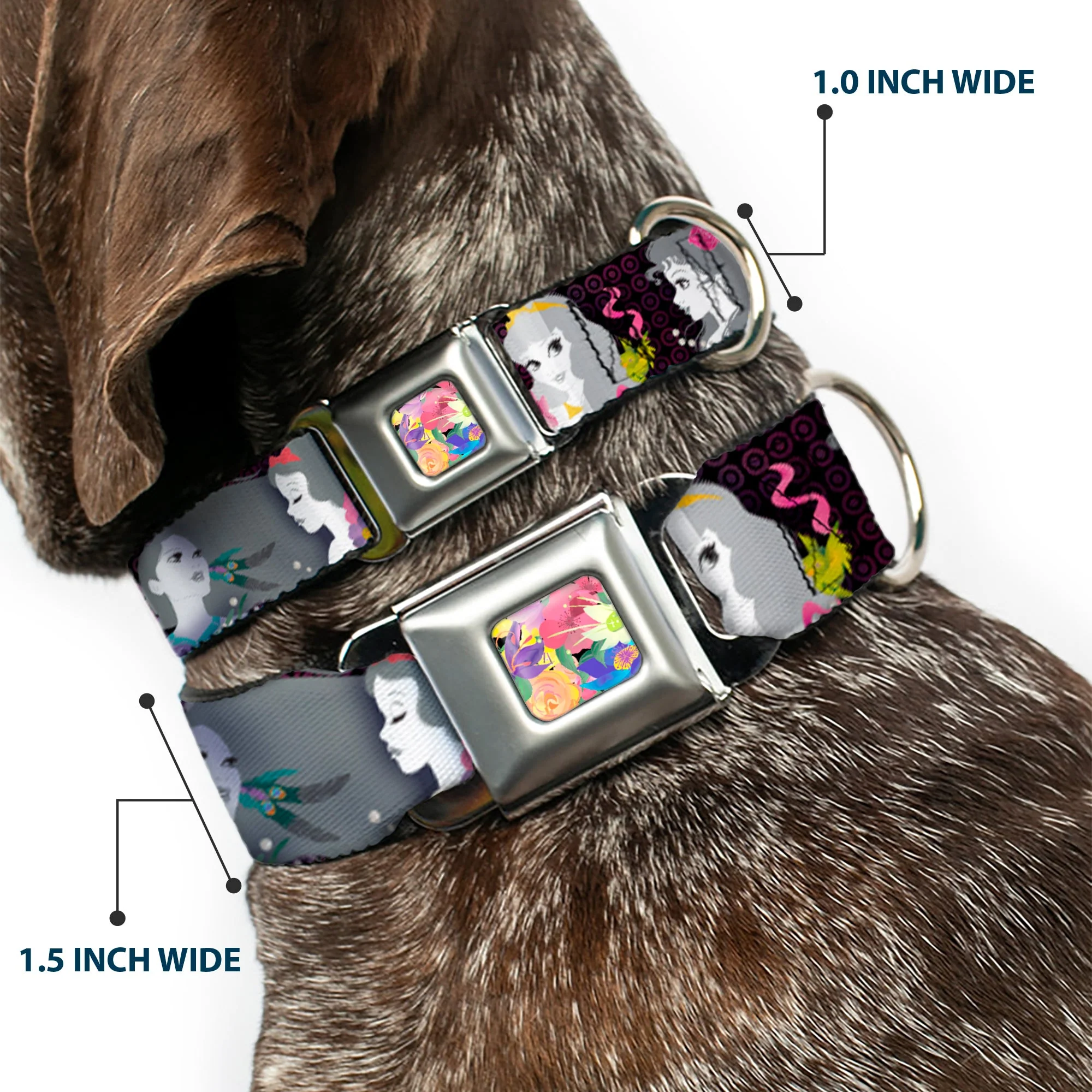 Floral Collage Full Color Multi Pastel Seatbelt Buckle Collar - Princess Silhouettes Dots Black/Purple/Gray/Multi Color - Image 2