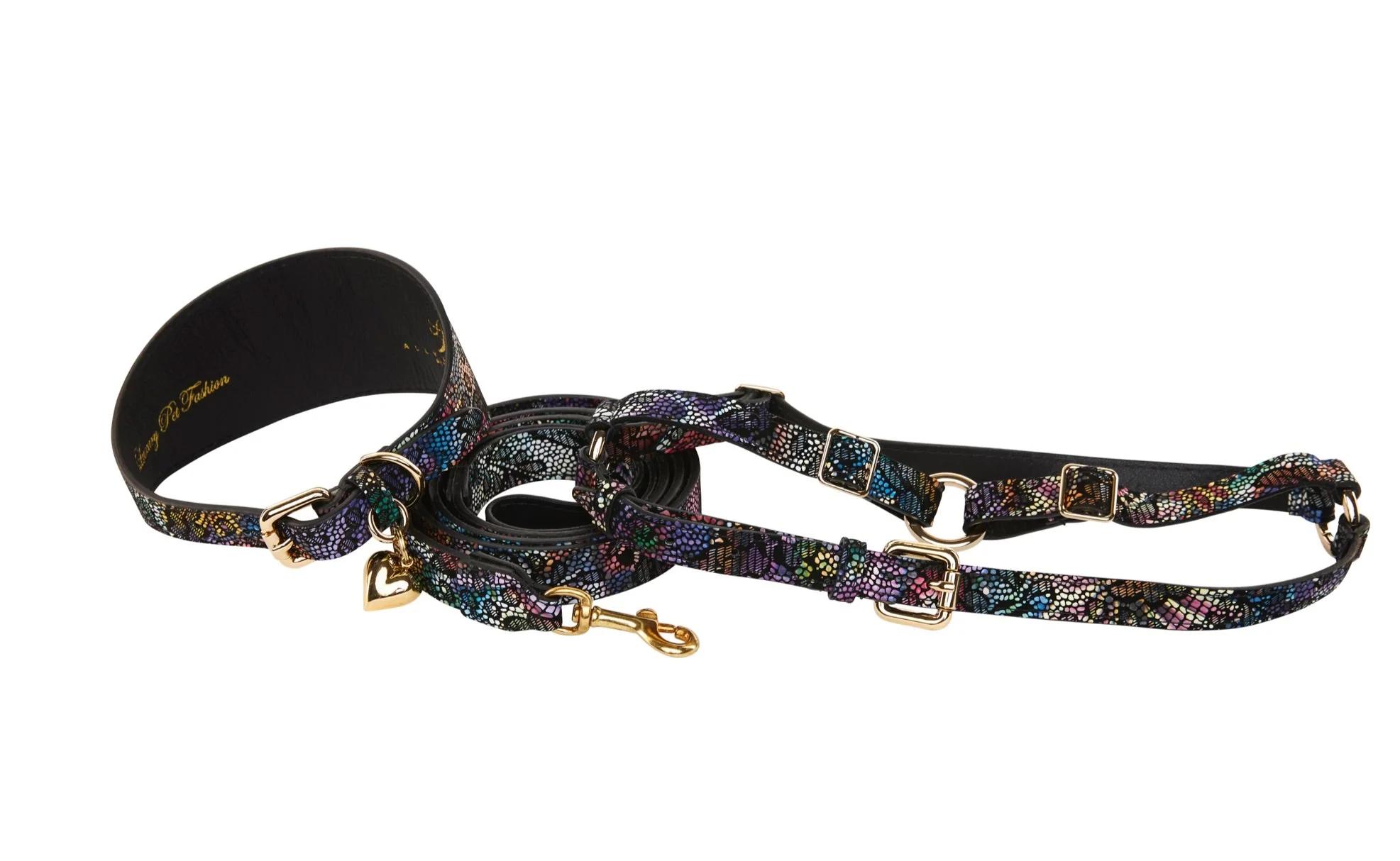 Floral/Lace Embossed Italian Leather 3” Wide Style  Collar, Leash, Harness Set - Image 2