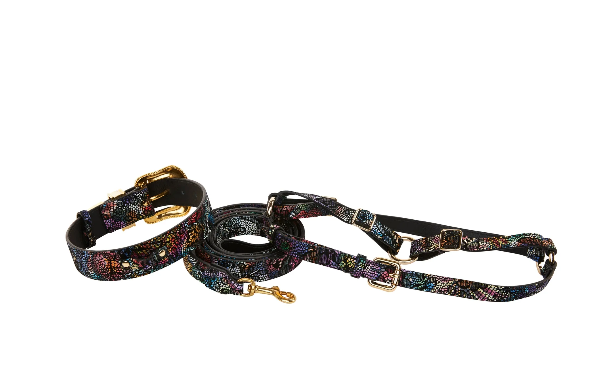 Floral/Lace Embossed Italian Leather Swarovski Crystal Hardware Collar, Leash, Harness Set - Image 2