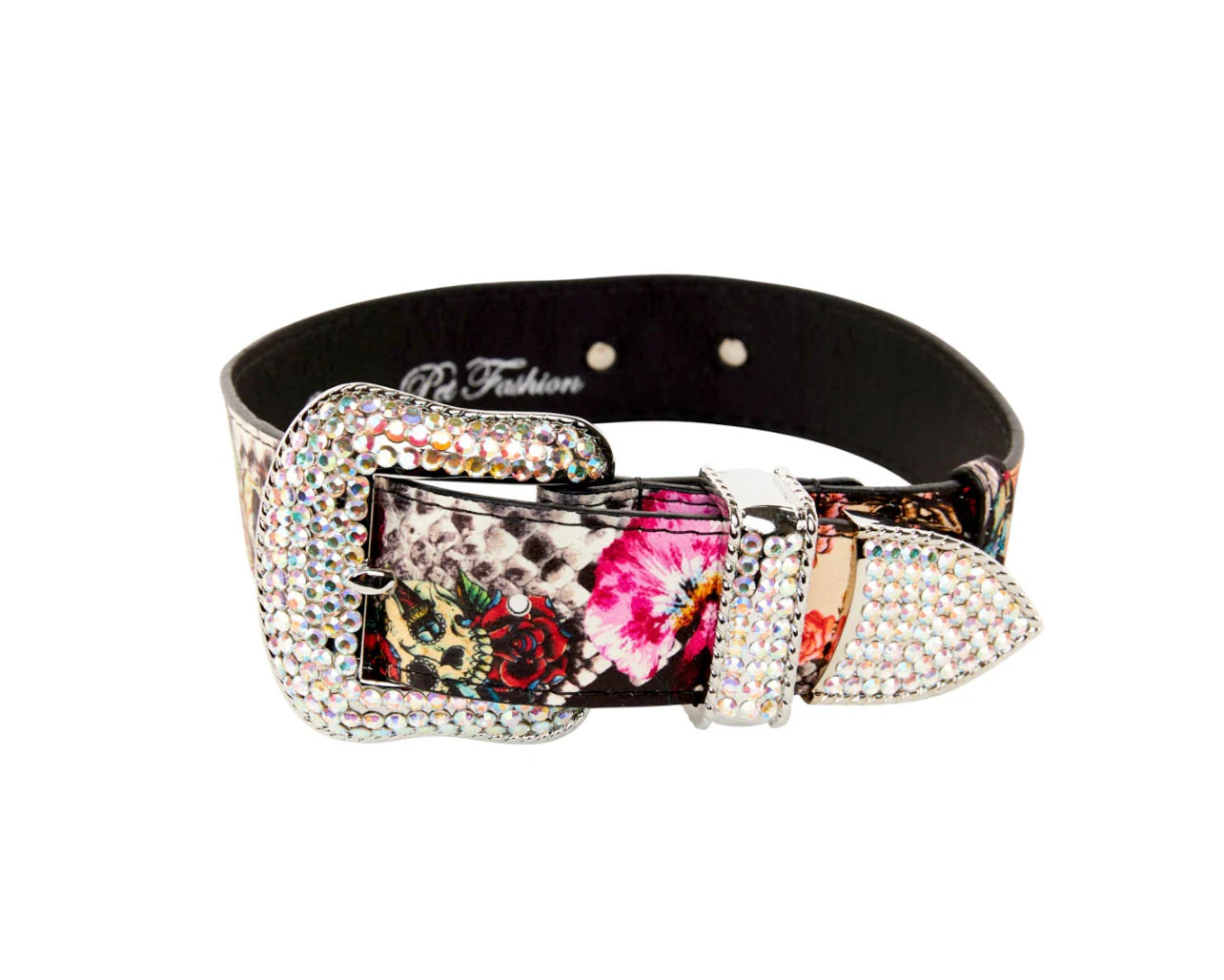 Floral, Scull, Snake Print Italian Leather Collar With Swarovski Crystal Hardware - Image 3