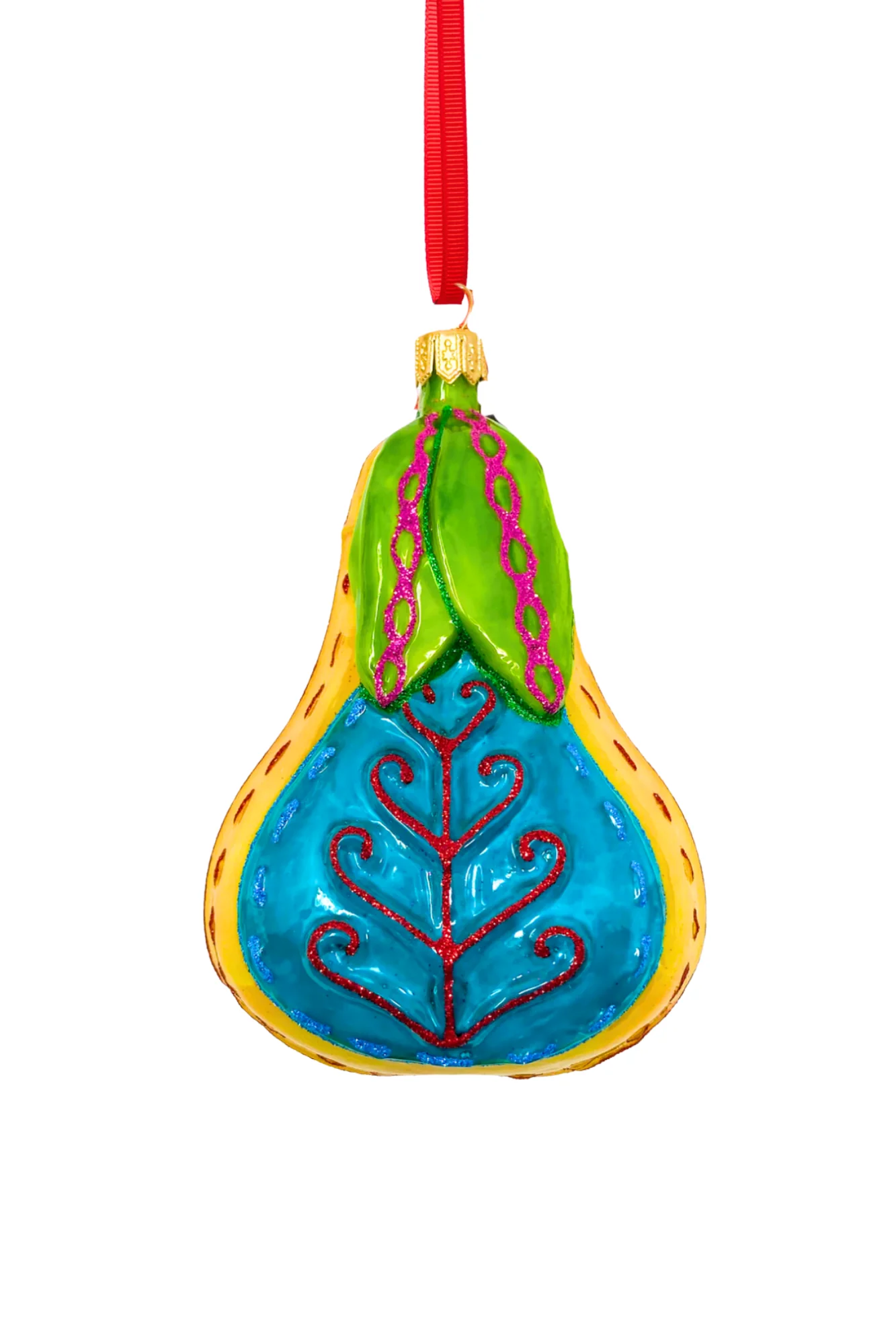 Folk Pear Glass Christmas Ornament - Image 2