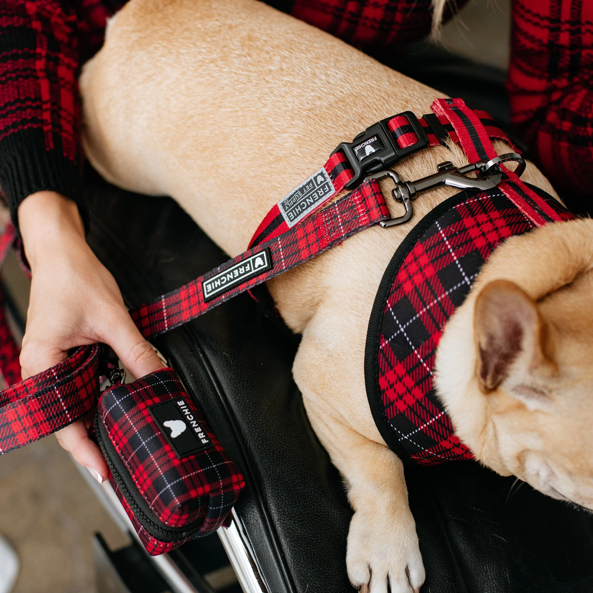 Frenchie Poo Bag Holder - Red Tartan - Image 3