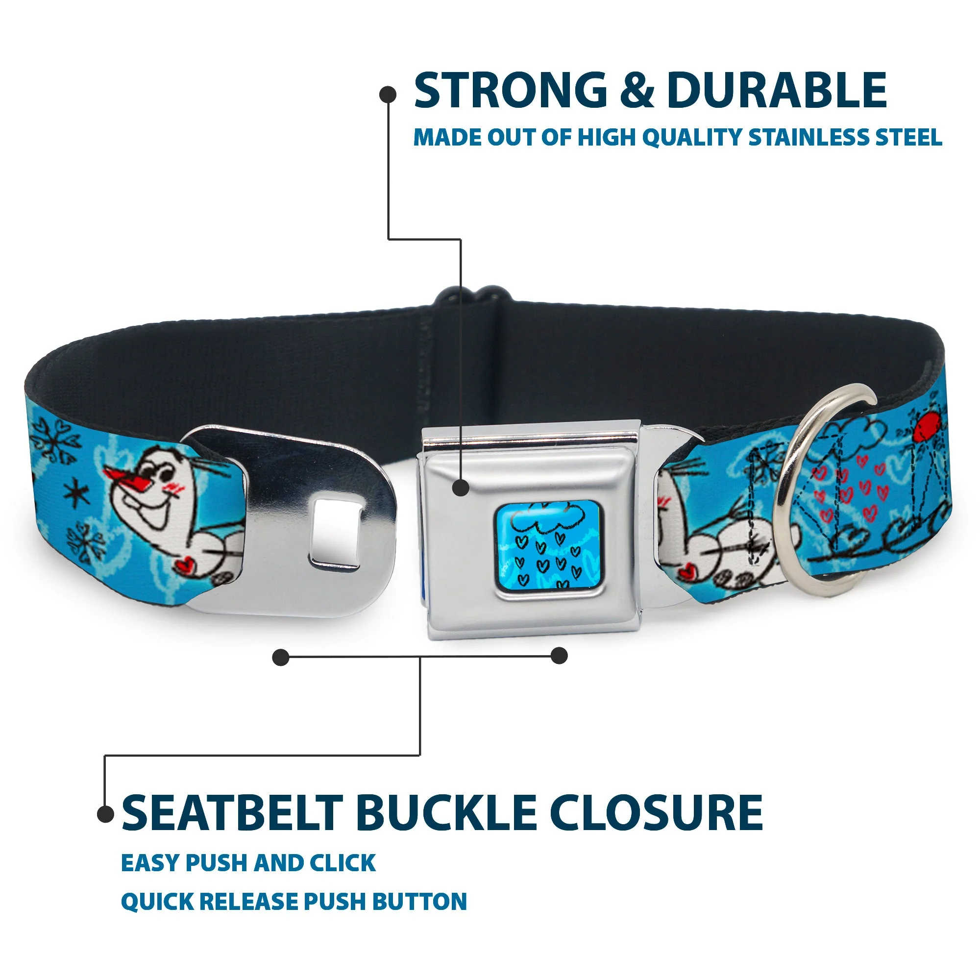 Frozen Cloud/Heart Raindrop Sketch Full Color Blues/Black Seatbelt Buckle Collar - Olaf Heart Raindrop Sketch Blues/Black - Image 4