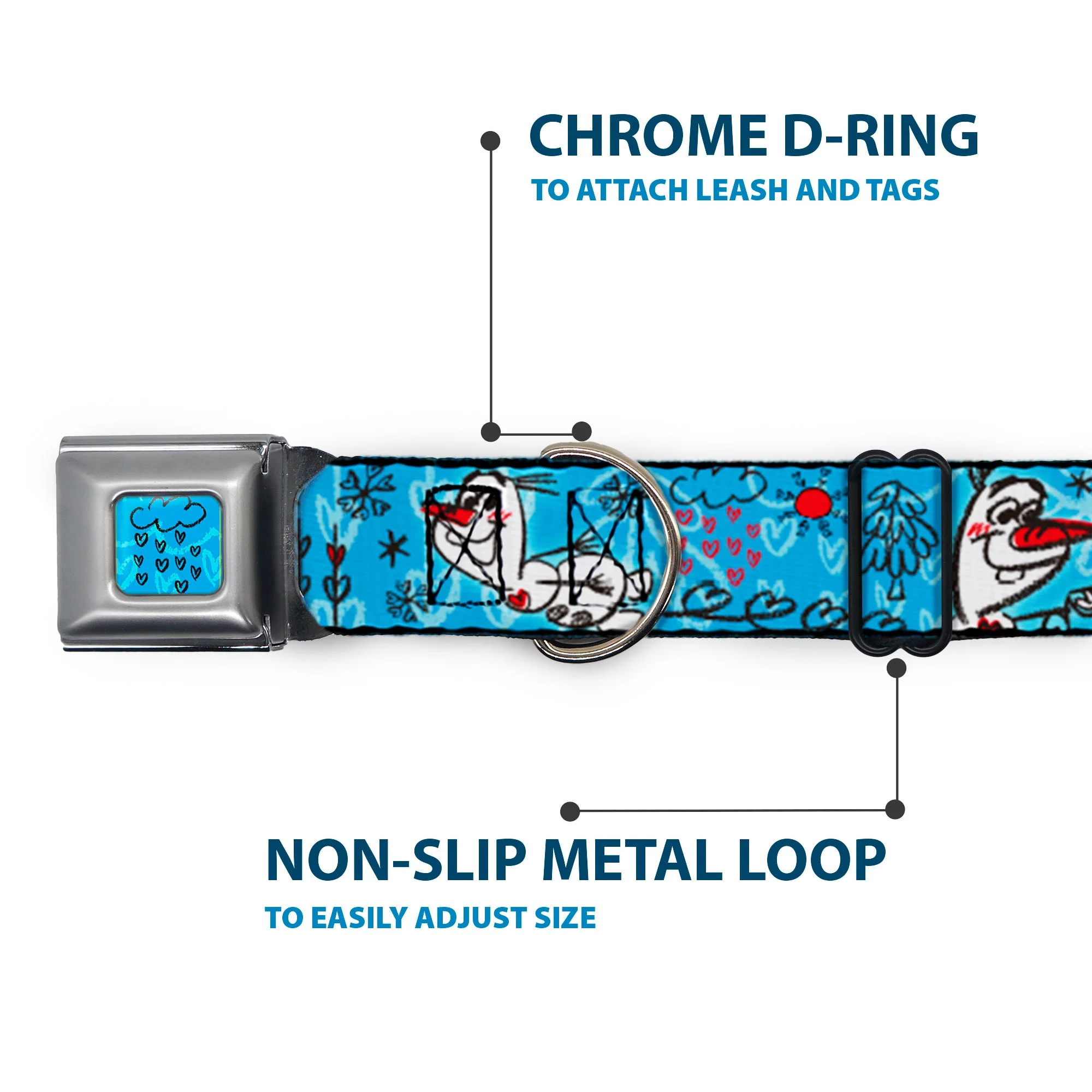 Frozen Cloud/Heart Raindrop Sketch Full Color Blues/Black Seatbelt Buckle Collar - Olaf Heart Raindrop Sketch Blues/Black - Image 5
