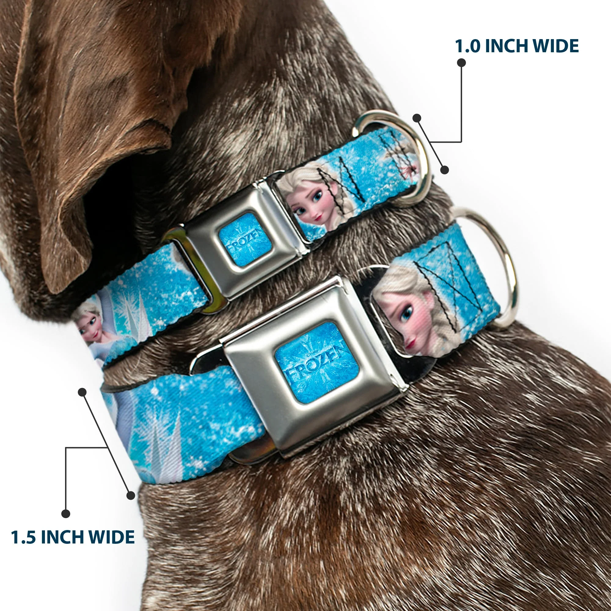 FROZEN Logo Full Color Blues Seatbelt Buckle Collar - Frozen Elsa Face/Action Pose/Snowflakes Blues/White - Image 2