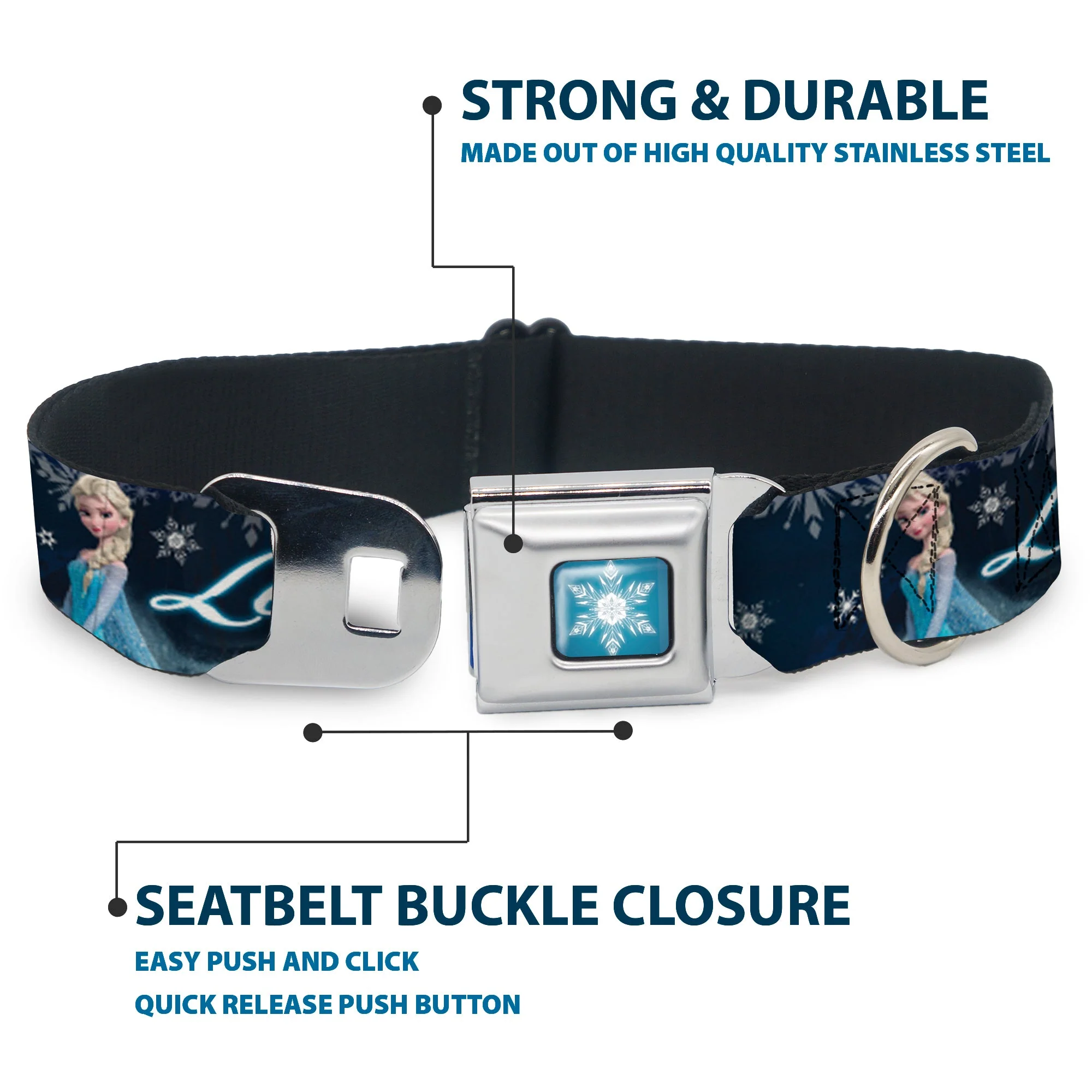 Frozen Snowflake Full Color Blue White Seatbelt Buckle Collar - Elsa the Snow Queen Poses/Snowflakes LET IT GO Blues/White - Image 4