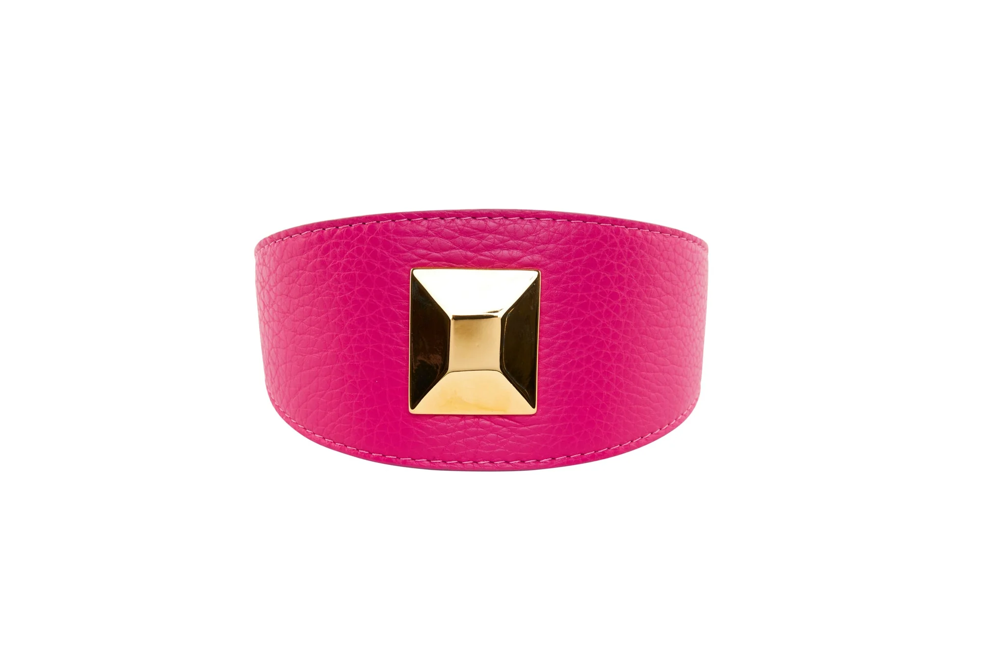 Fuchsia Pink Italian Leather 3” Wide Style Collar With Custom Large Gold Rivet - Image 2