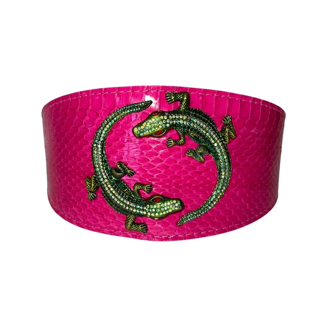 Fuchsia Pink Snake Collar With Green Rhinestone Alligators - Image 3